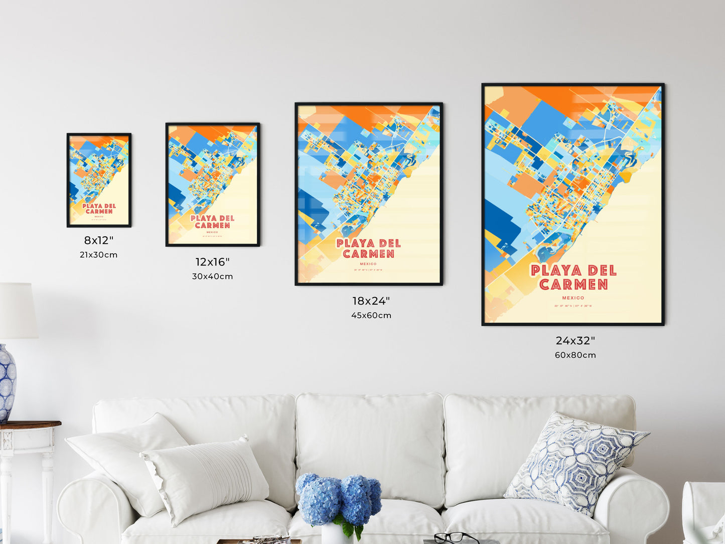 Colorful PLAYA DEL CARMEN MEXICO Fine Art Map Blue Orange