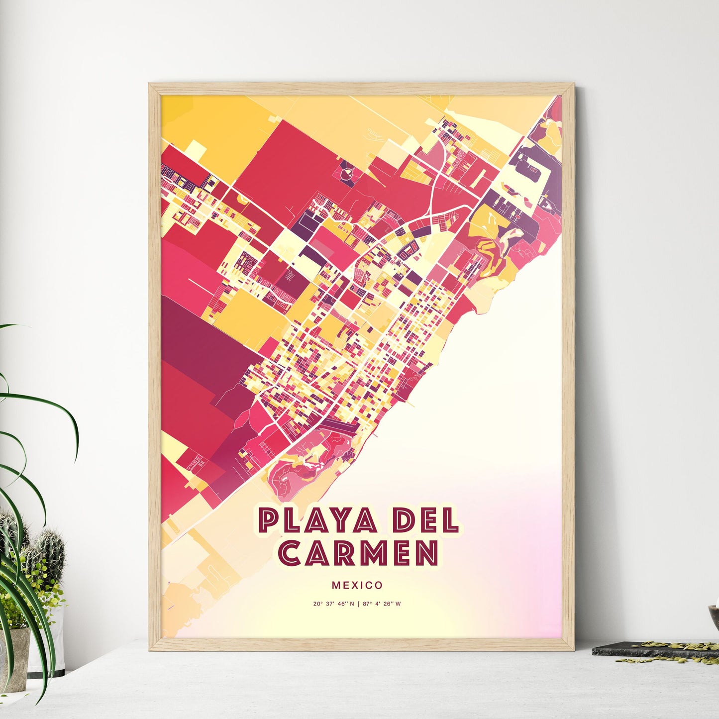 Colorful PLAYA DEL CARMEN MEXICO Fine Art Map Hot Red