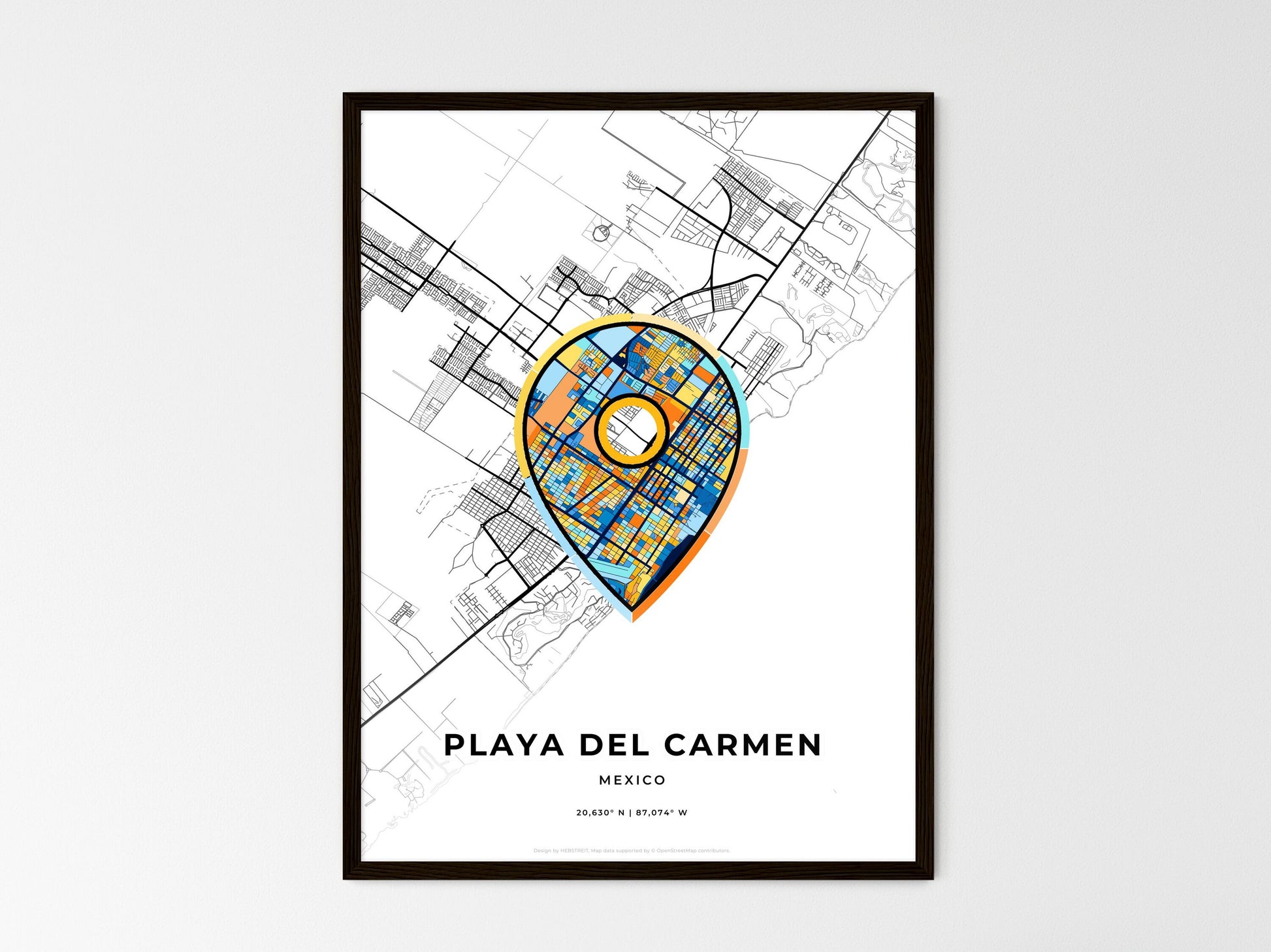Playa Del Carmen Mexico wedding art map with pointer icon