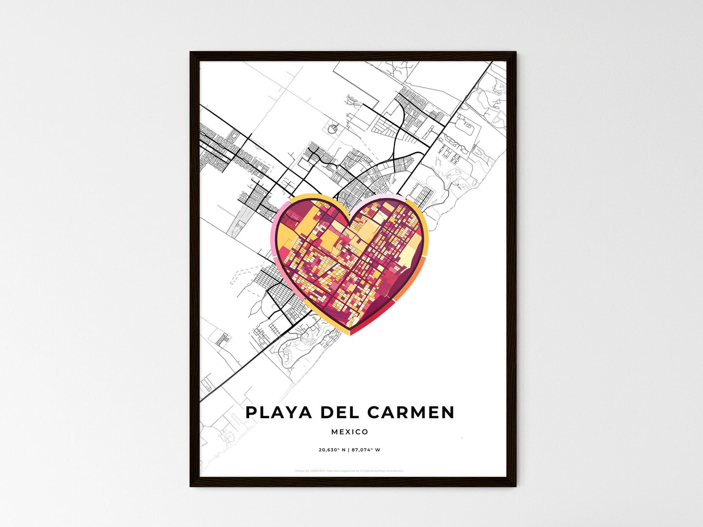 Playa Del Carmen Mexico wedding art map with heart icon