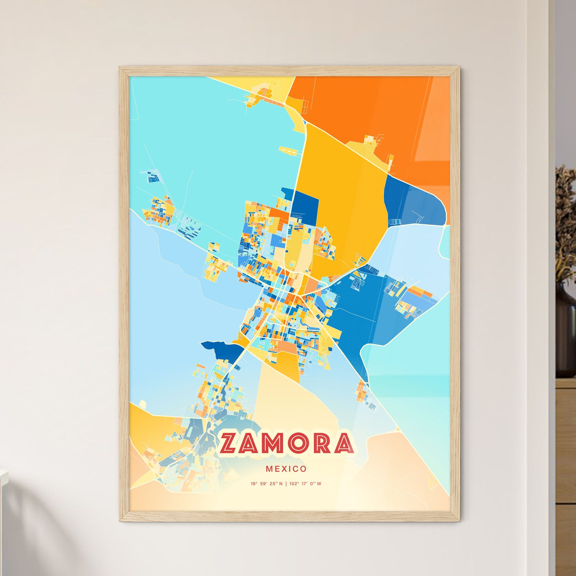 Colorful ZAMORA MEXICO Fine Art Map Blue Orange