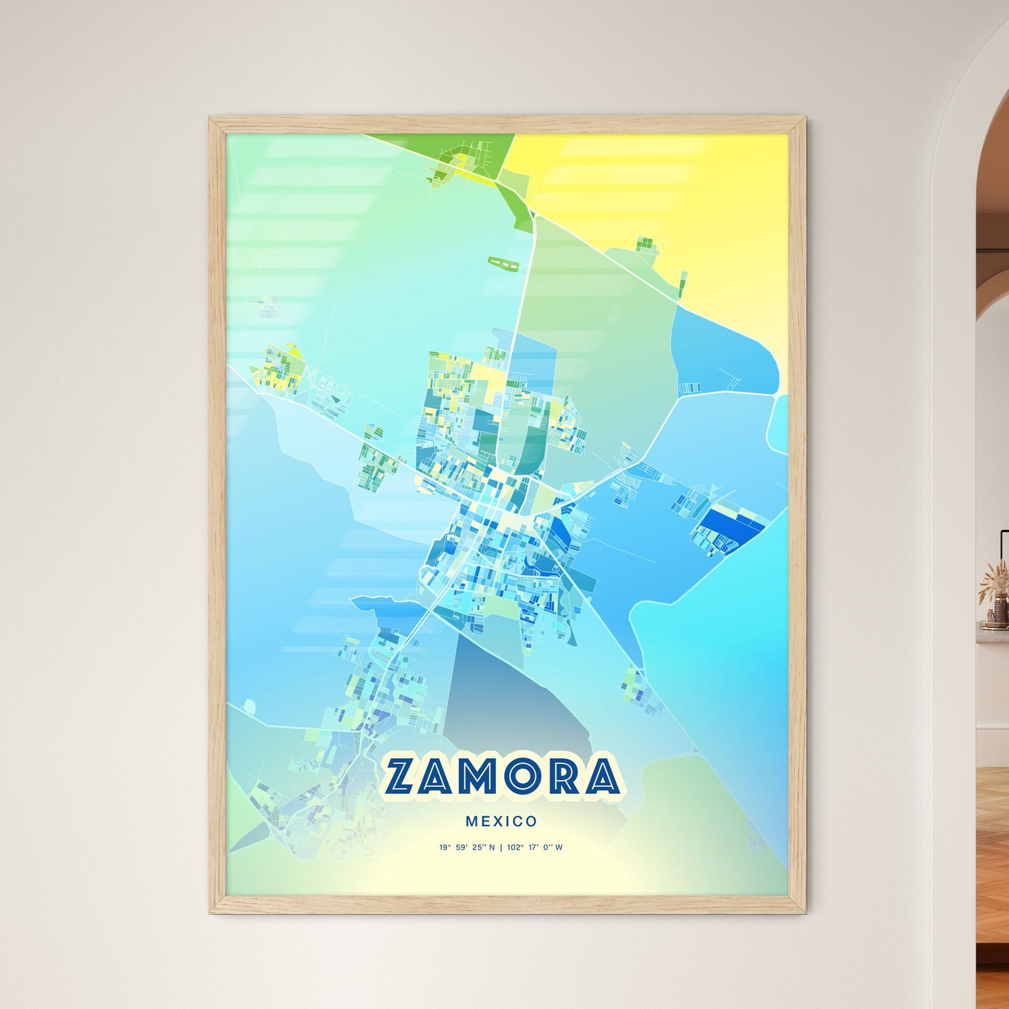 Colorful ZAMORA MEXICO Fine Art Map Cool Blue