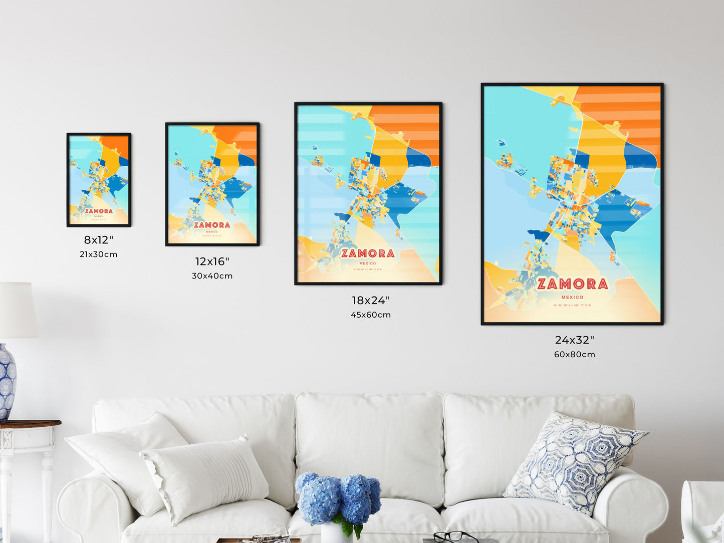 Colorful ZAMORA MEXICO Fine Art Map Blue Orange