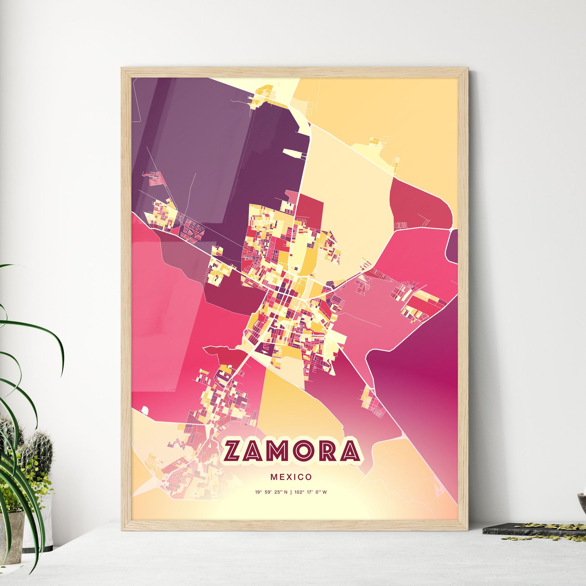 Colorful ZAMORA MEXICO Fine Art Map Hot Red