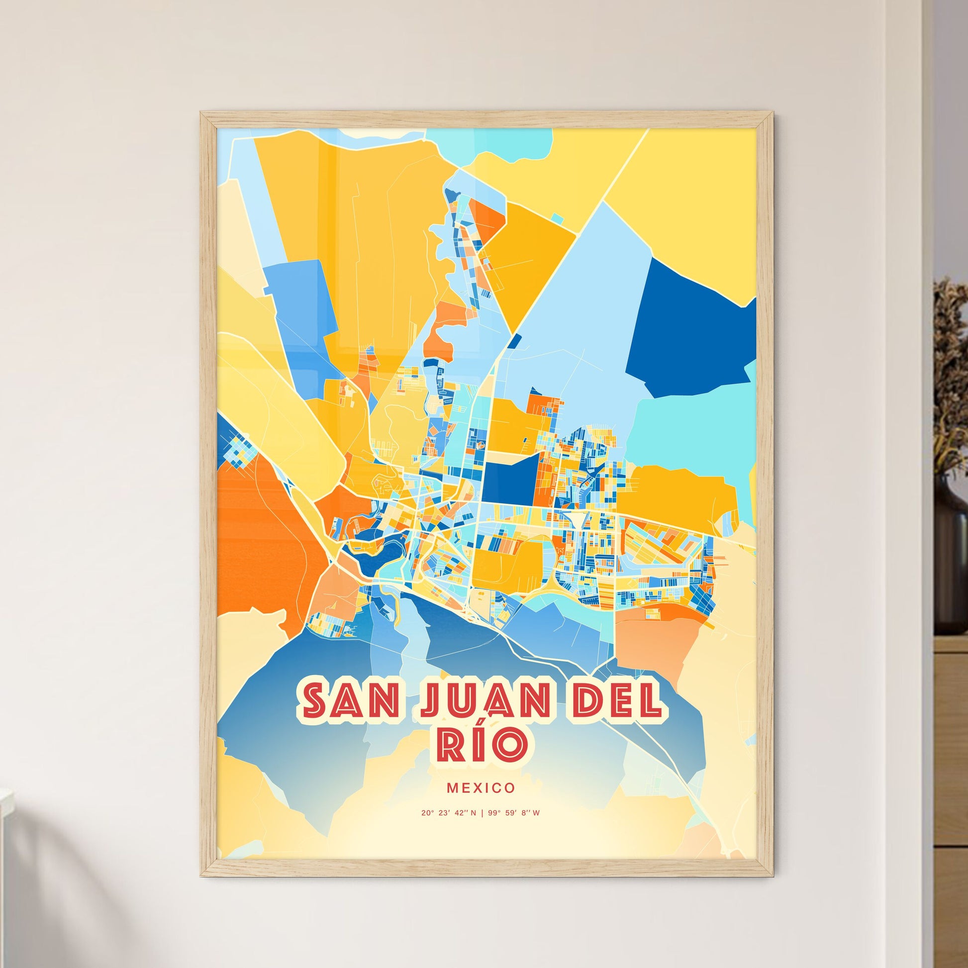 Colorful SAN JUAN DEL RÍO MEXICO Fine Art Map Blue Orange