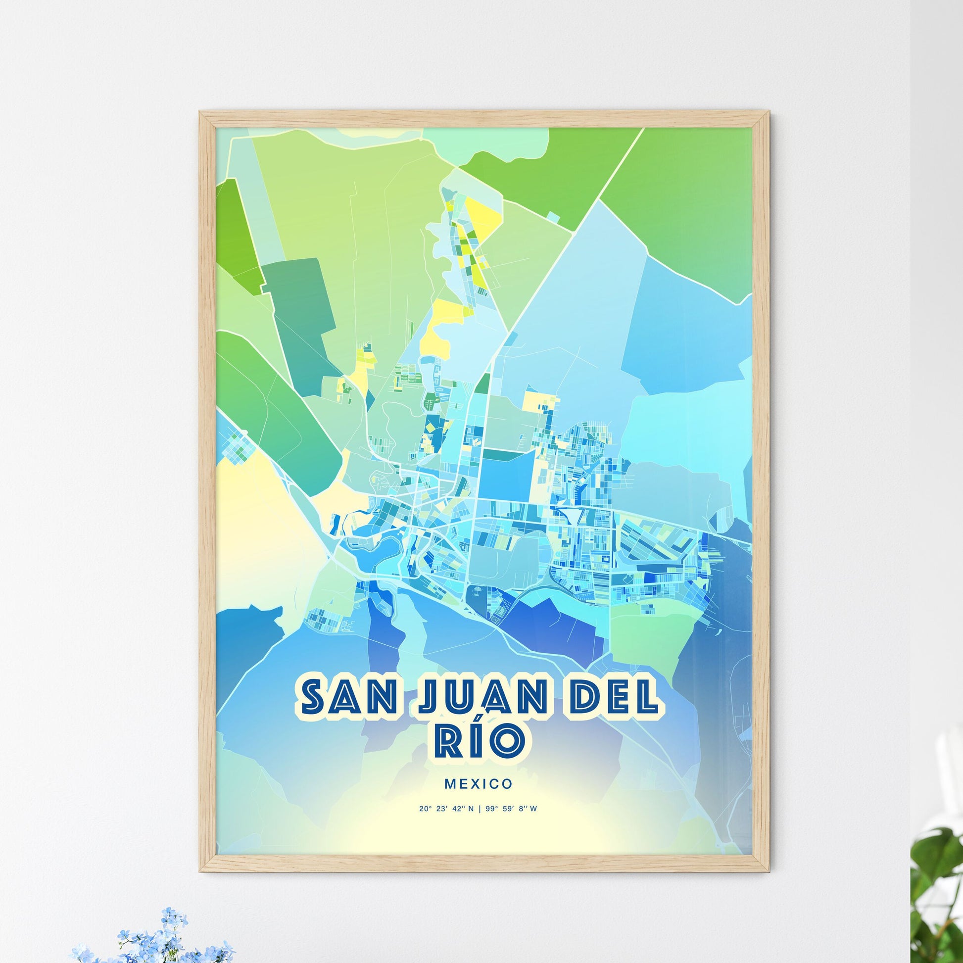 Colorful SAN JUAN DEL RÍO MEXICO Fine Art Map Cool Blue