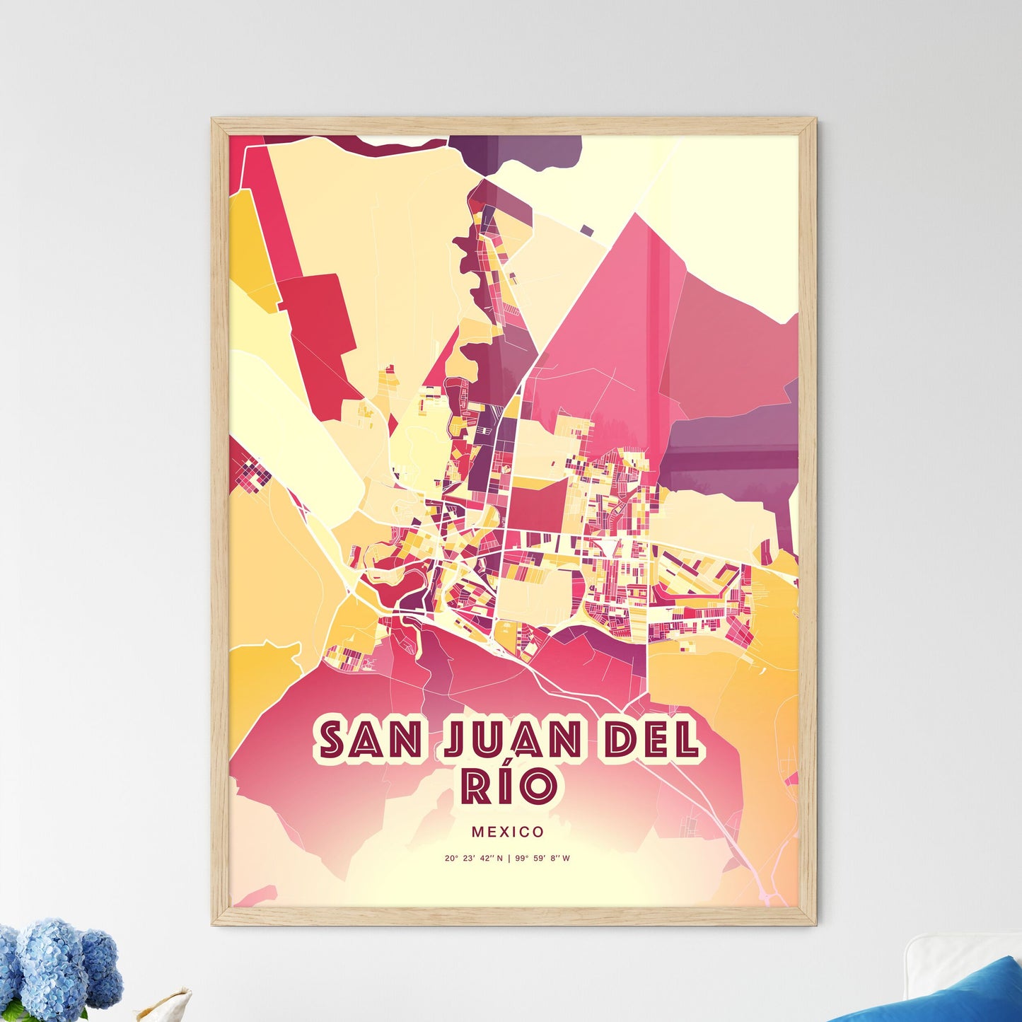 Colorful SAN JUAN DEL RÍO MEXICO Fine Art Map Hot Red