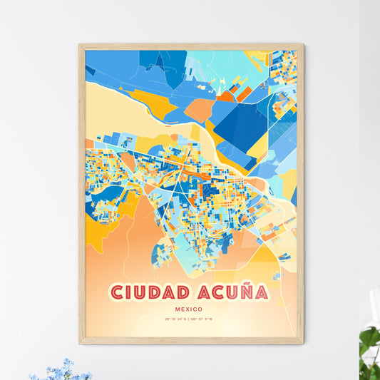 Colorful CIUDAD ACUÑA MEXICO Fine Art Map Blue Orange