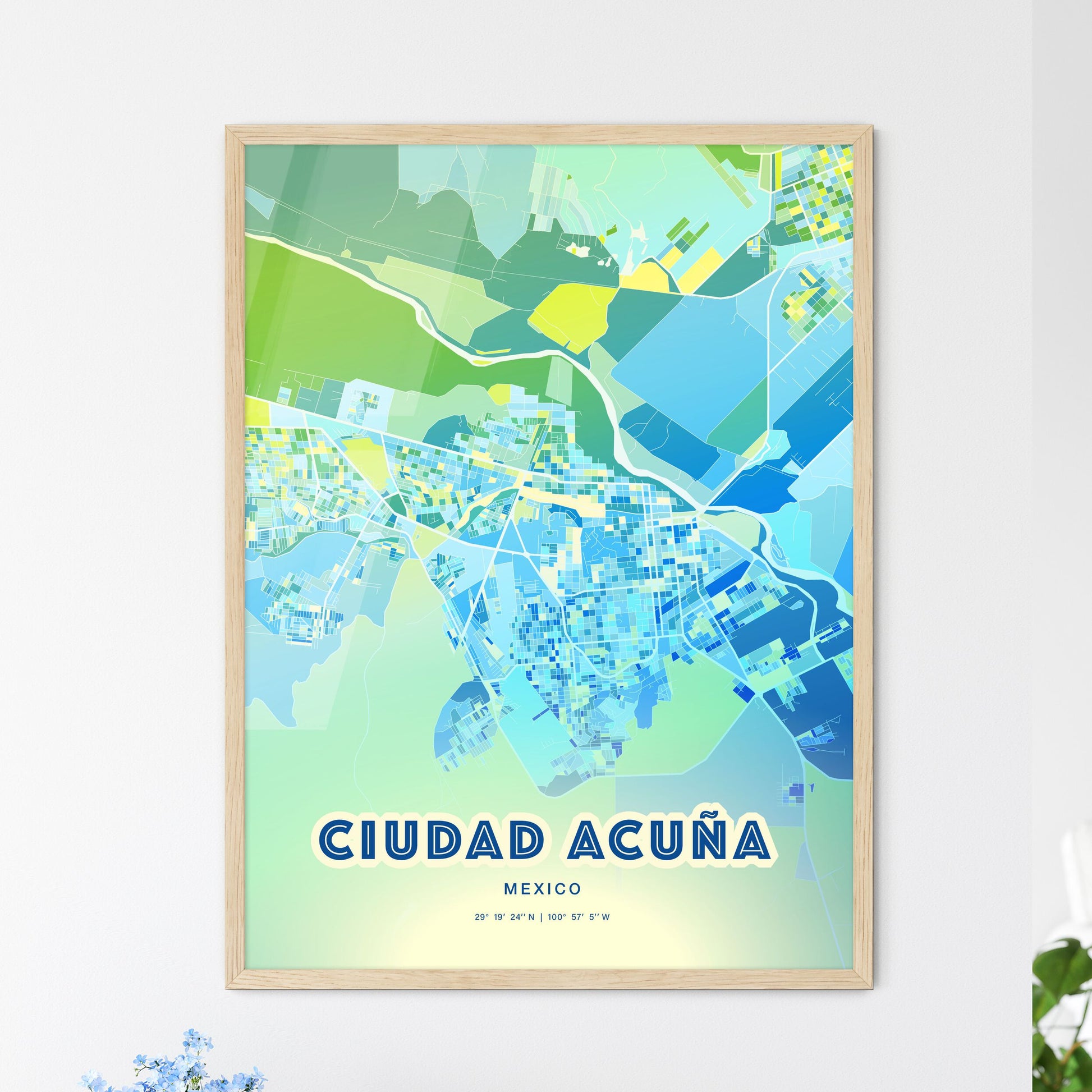 Colorful CIUDAD ACUÑA MEXICO Fine Art Map Cool Blue