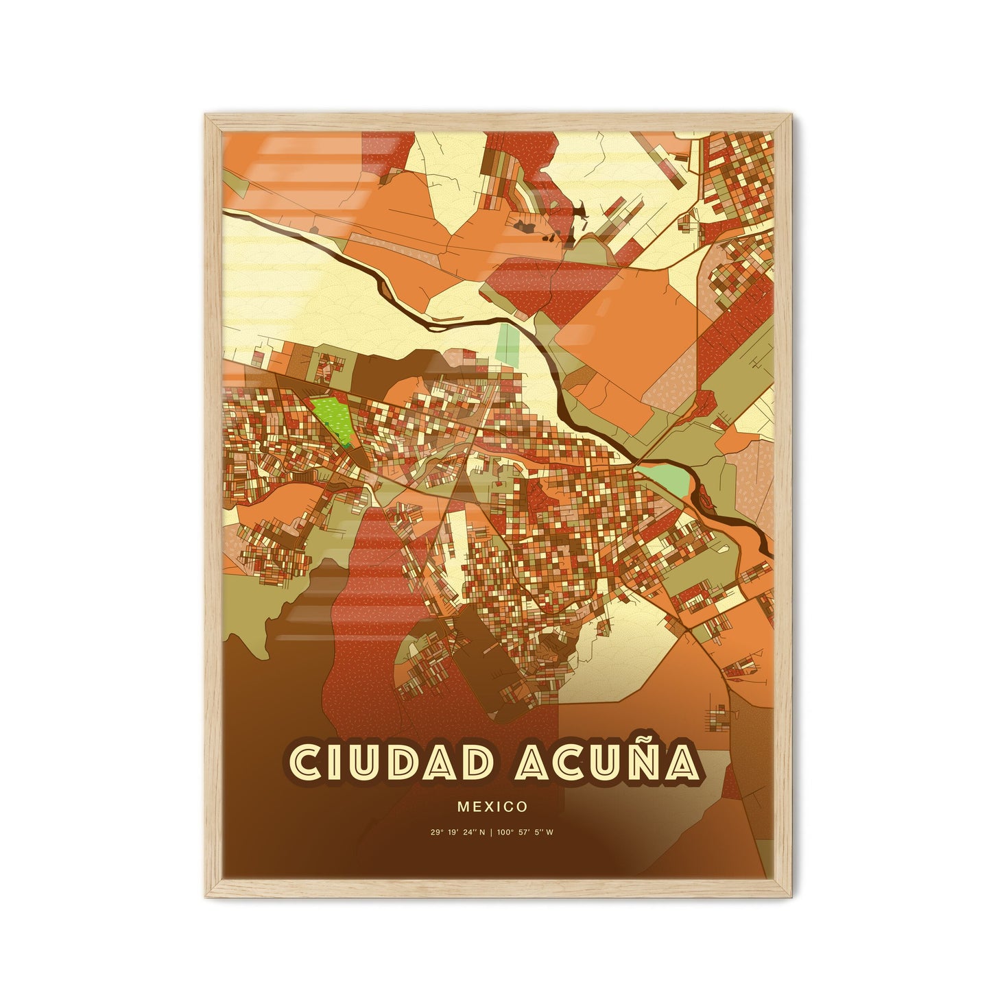 Colorful CIUDAD ACUÑA MEXICO Fine Art Map Farmhouse