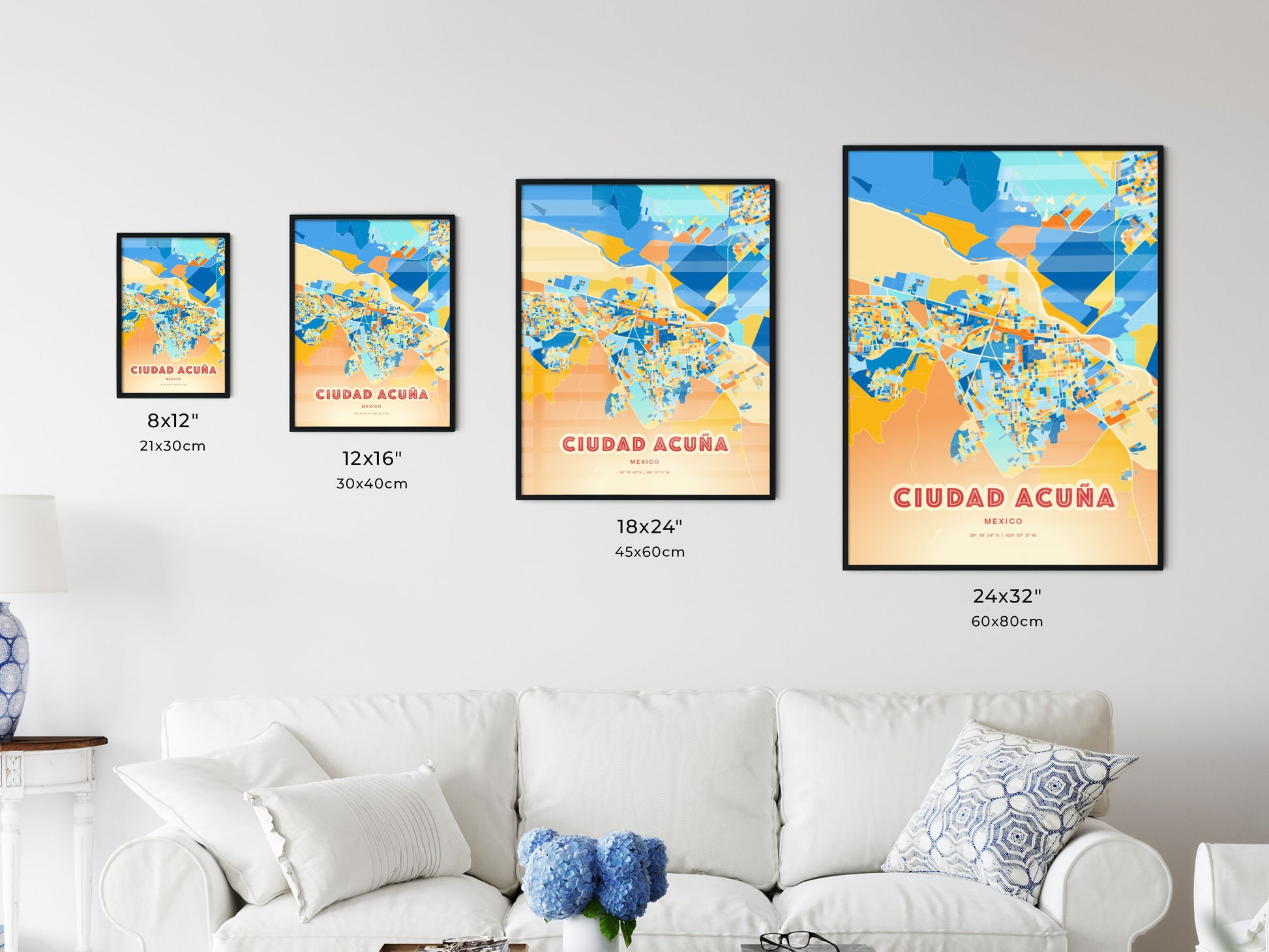 Colorful CIUDAD ACUÑA MEXICO Fine Art Map Blue Orange