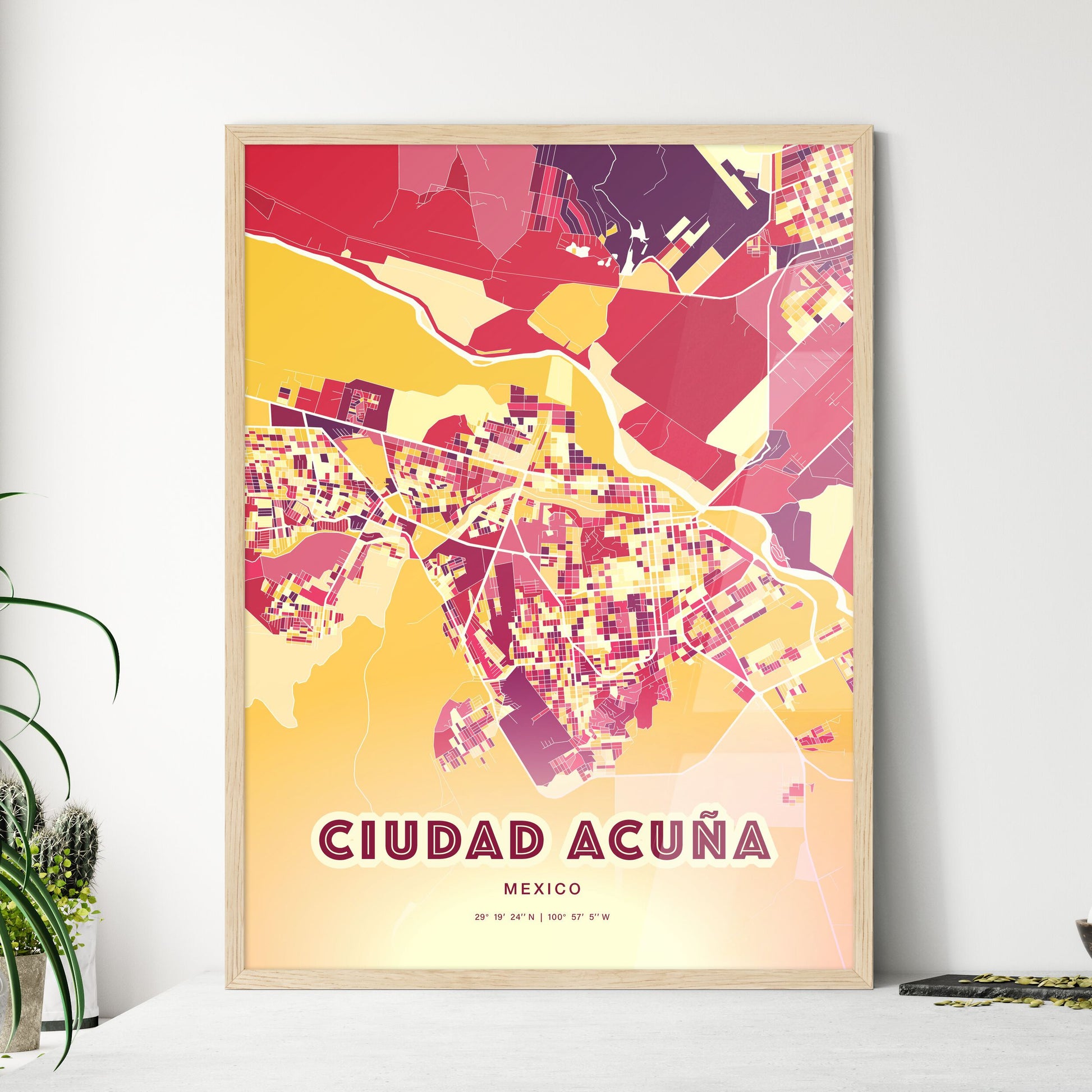 Colorful CIUDAD ACUÑA MEXICO Fine Art Map Hot Red