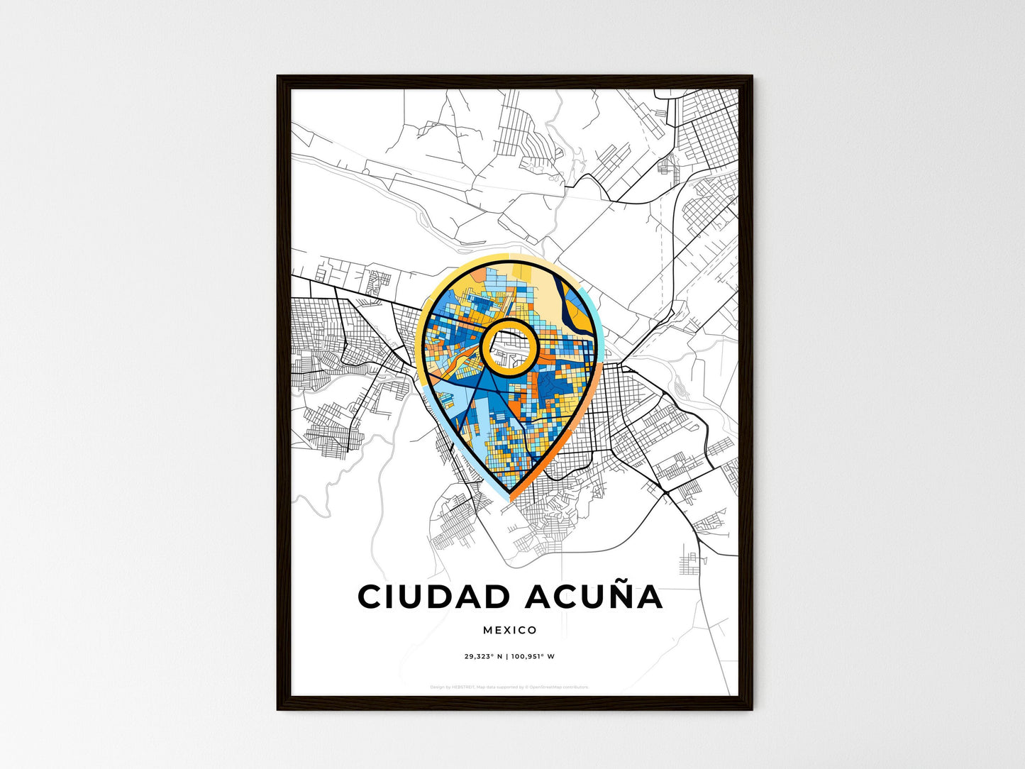 Ciudad Acuña Mexico wedding art map with pointer icon