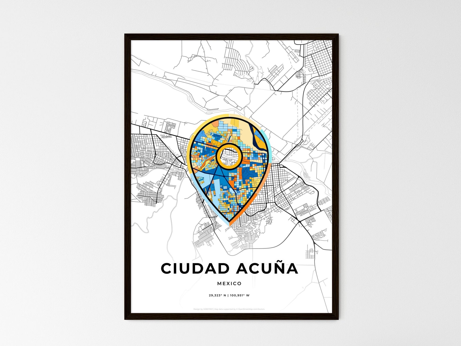 Ciudad Acuña Mexico wedding art map with pointer icon