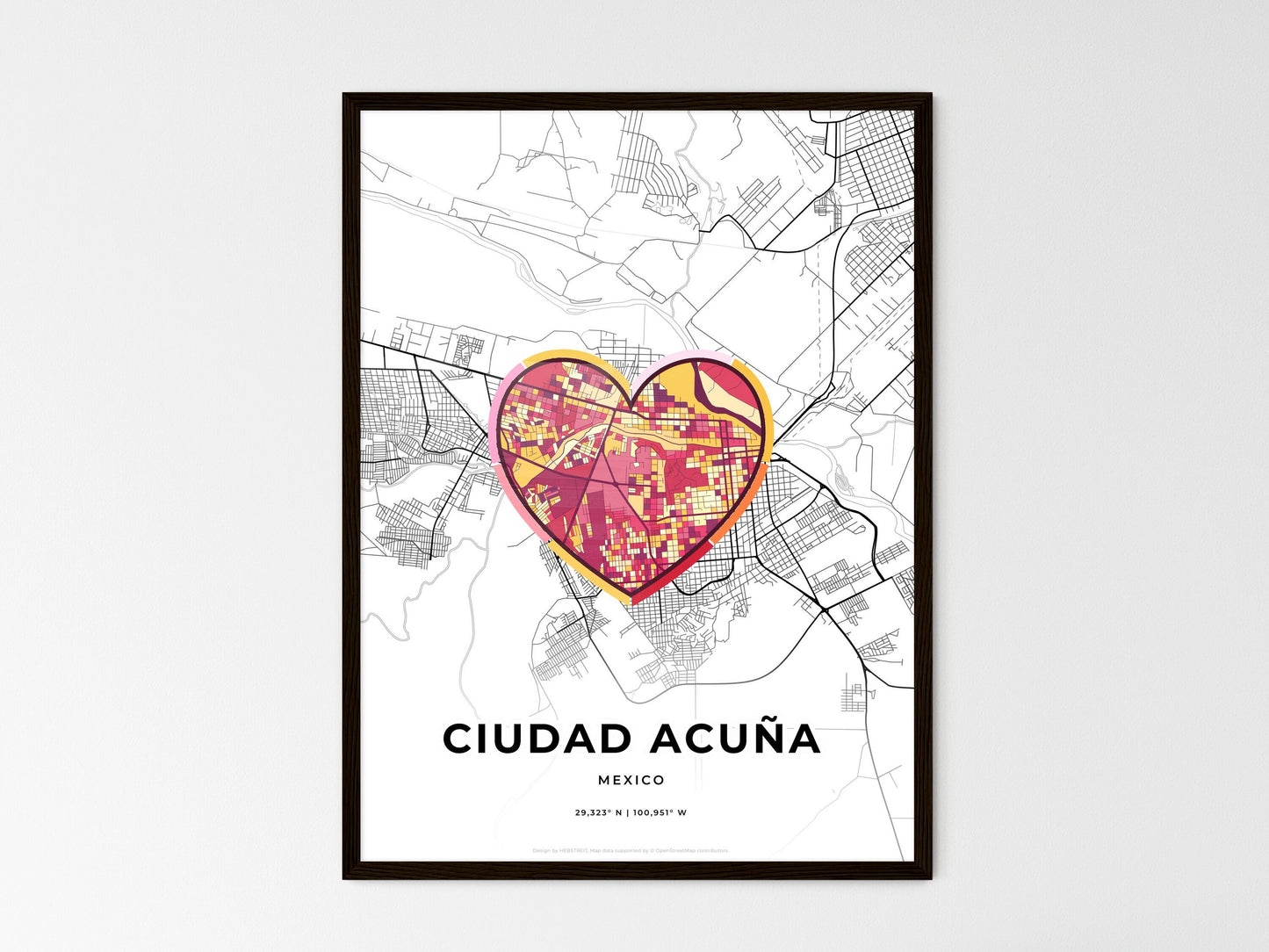 Ciudad Acuña Mexico wedding art map with heart icon