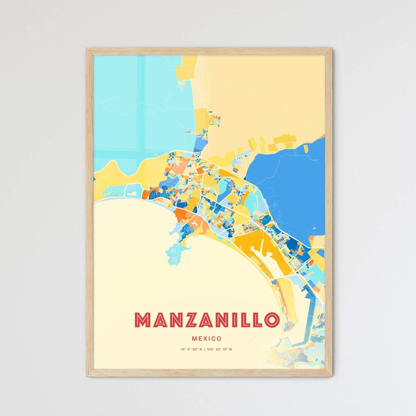 Colorful MANZANILLO MEXICO Fine Art Map Blue Orange