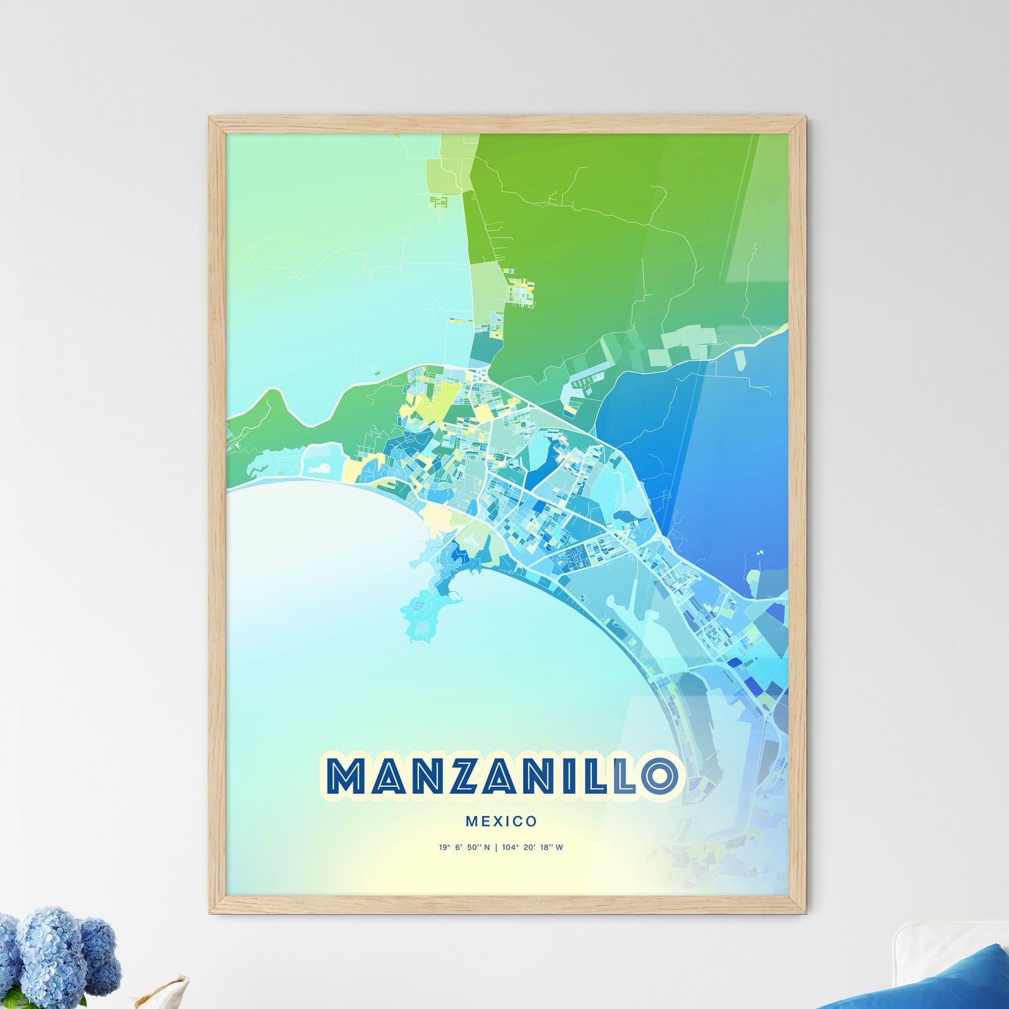 Colorful MANZANILLO MEXICO Fine Art Map Cool Blue