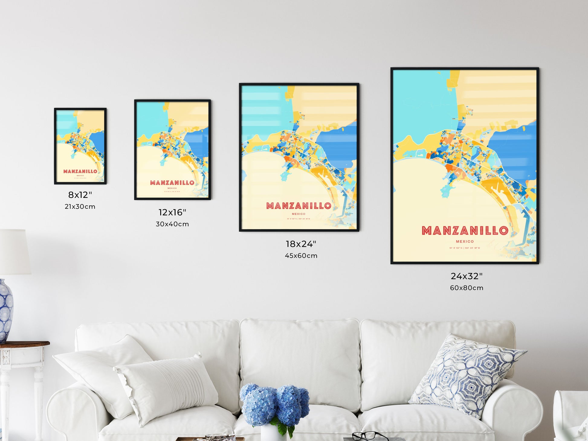 Colorful MANZANILLO MEXICO Fine Art Map Blue Orange