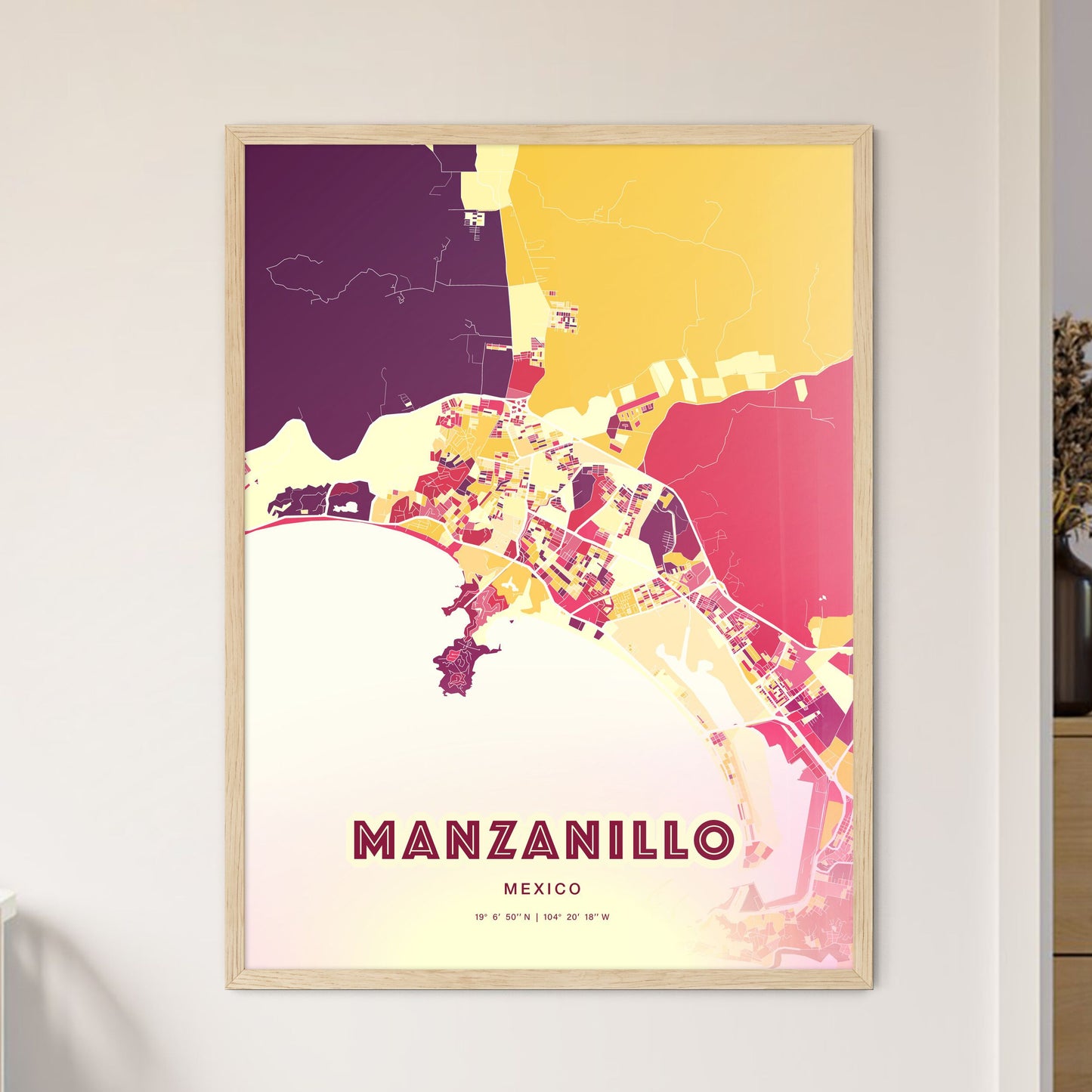 Colorful MANZANILLO MEXICO Fine Art Map Hot Red