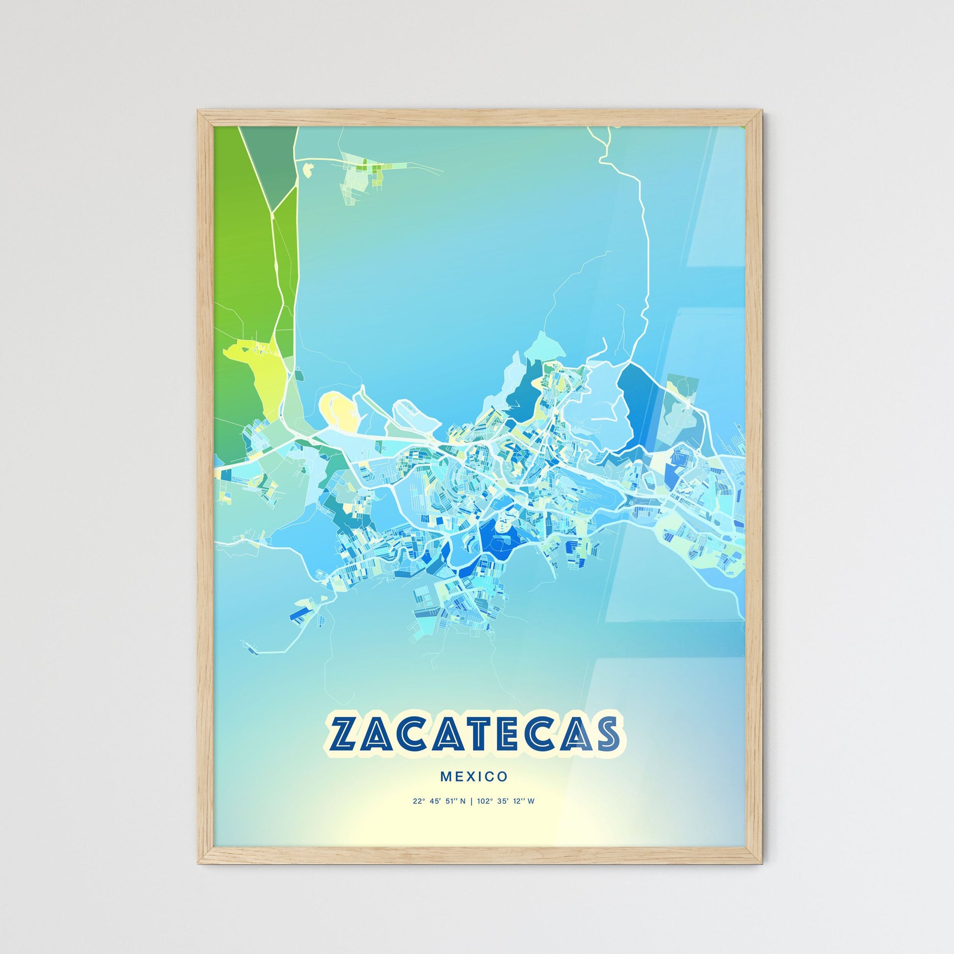 Colorful ZACATECAS MEXICO Fine Art Map Cool Blue