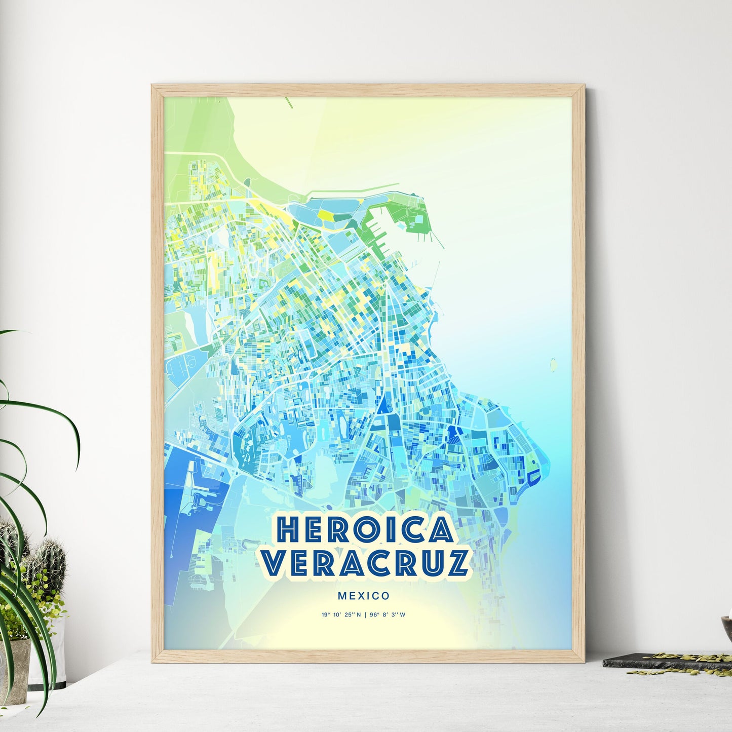 Colorful HEROICA VERACRUZ MEXICO Fine Art Map Cool Blue