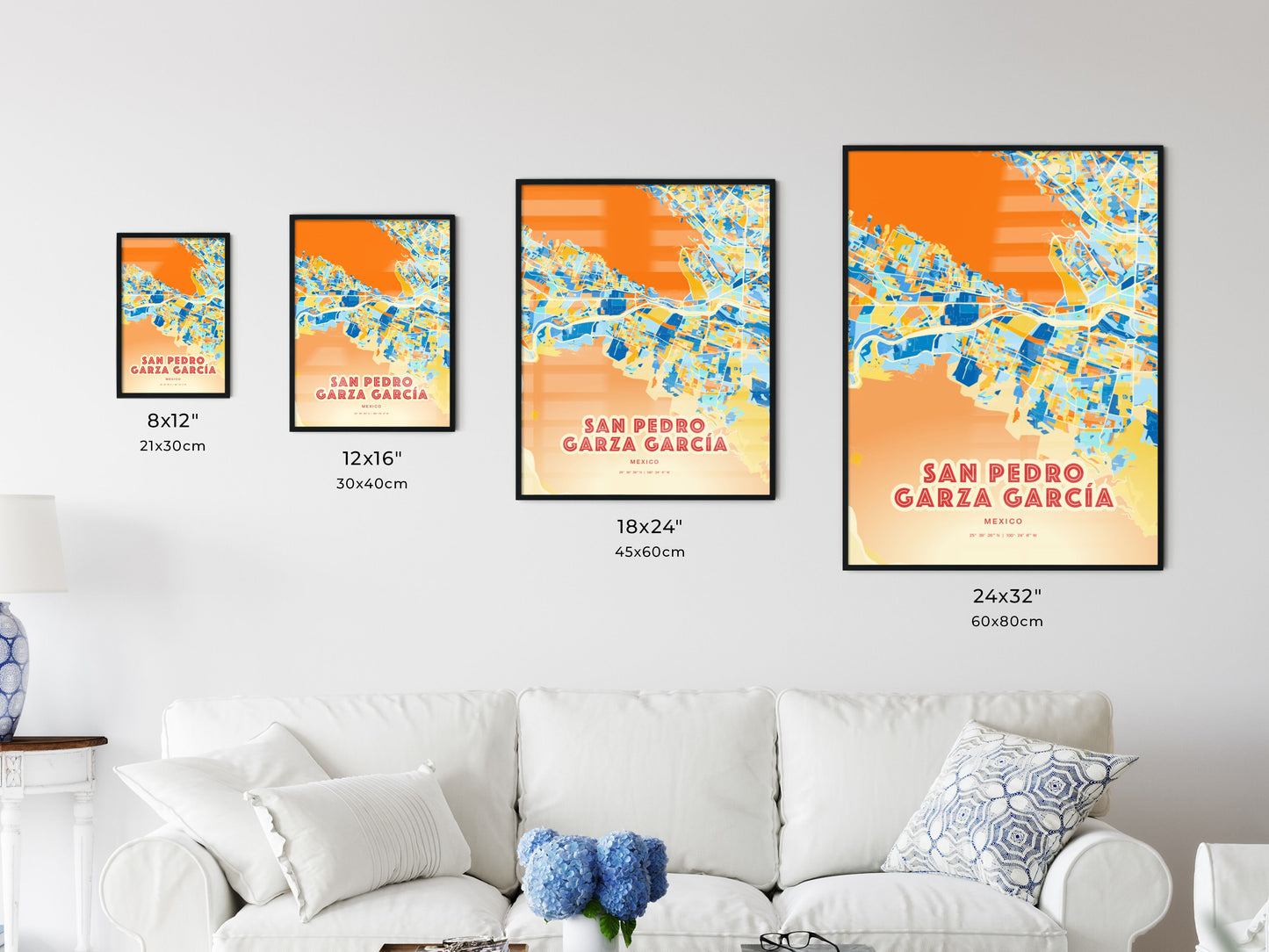 Colorful SAN PEDRO GARZA GARCÍA MEXICO Fine Art Map Blue Orange