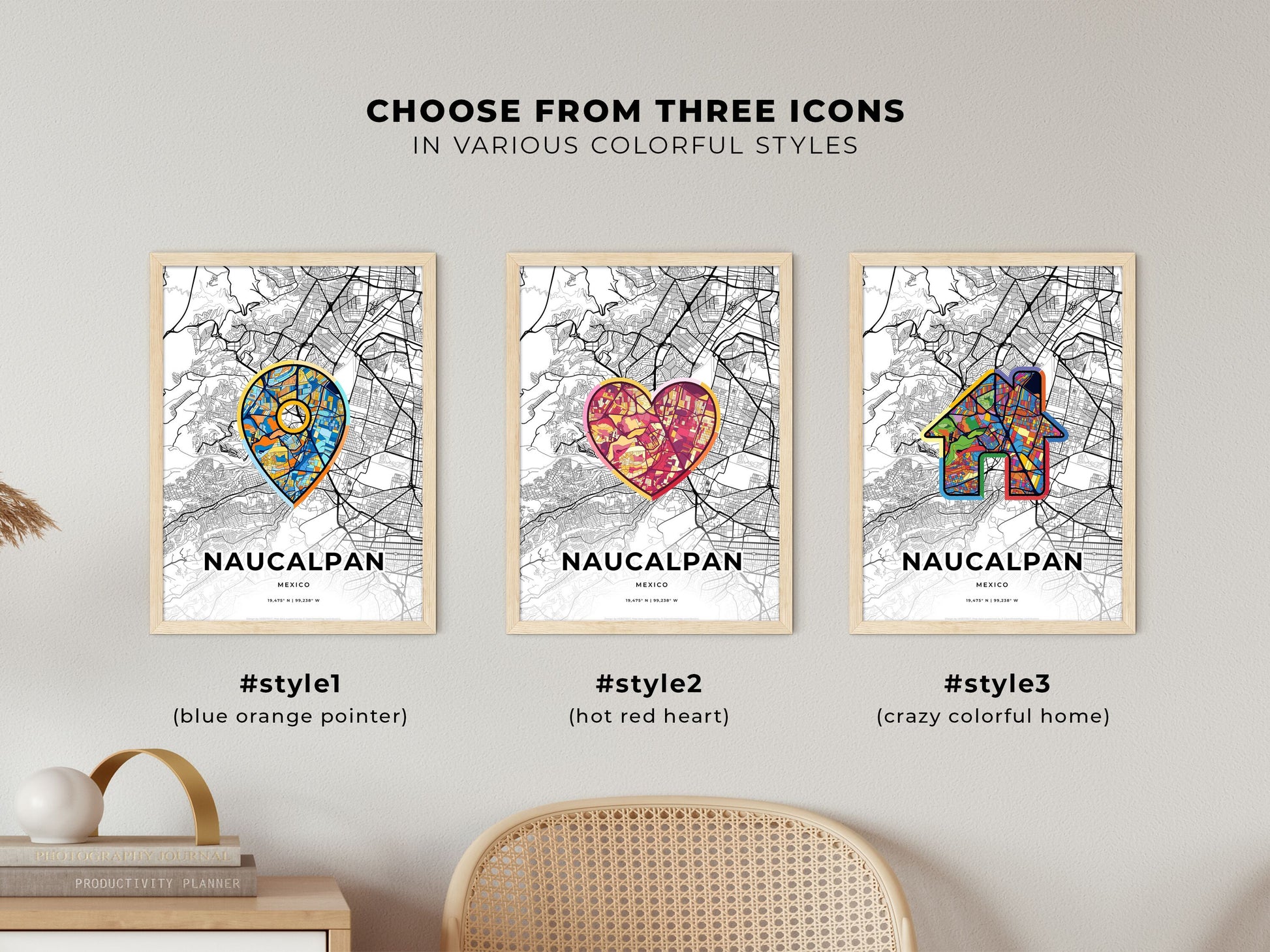 NAUCALPAN MEXICO minimal art map with a colorful icon. Where it all began, Couple map gift.