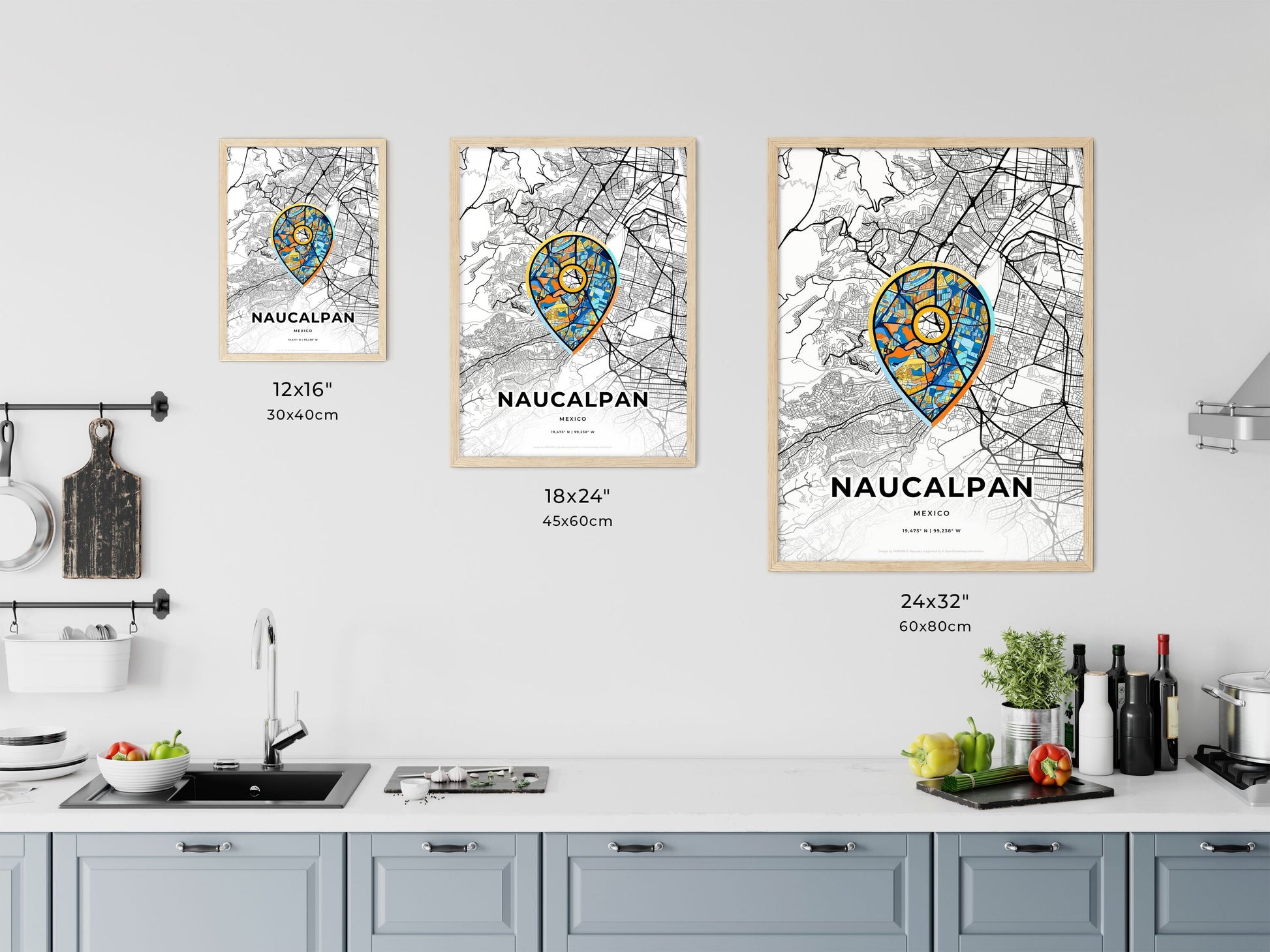 NAUCALPAN MEXICO minimal art map with a colorful icon. Where it all began, Couple map gift.