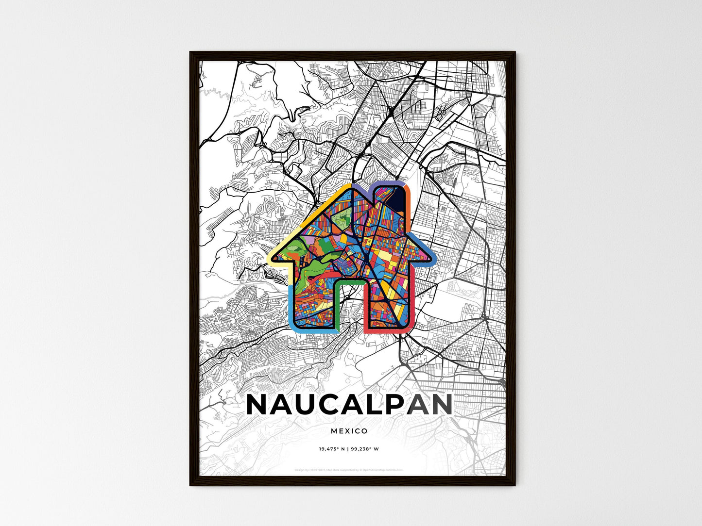 NAUCALPAN MEXICO minimal art map with a colorful icon. Where it all began, Couple map gift. Style 3