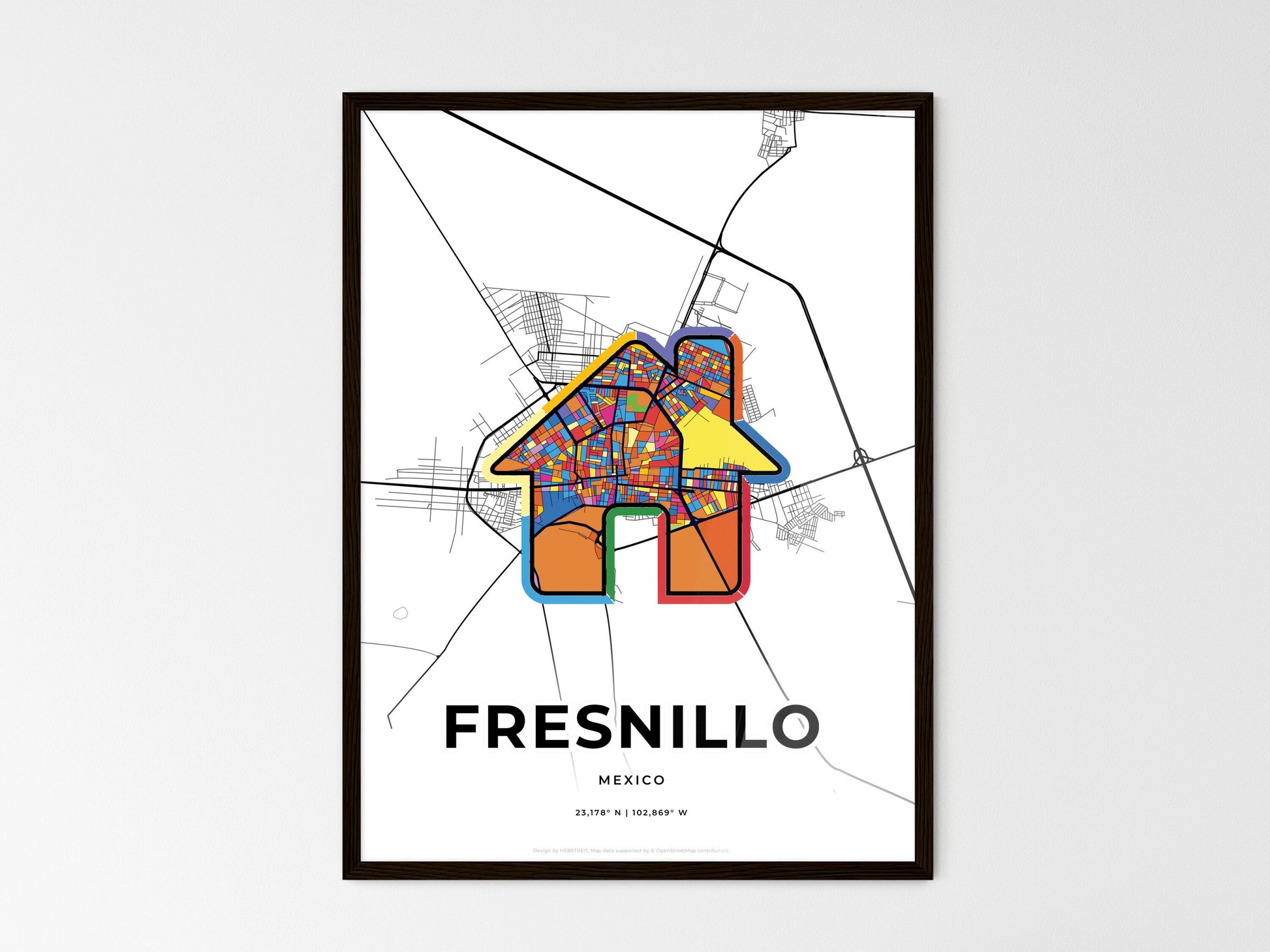 FRESNILLO MEXICO minimal art map with a colorful icon. Where it all began, Couple map gift. Style 3