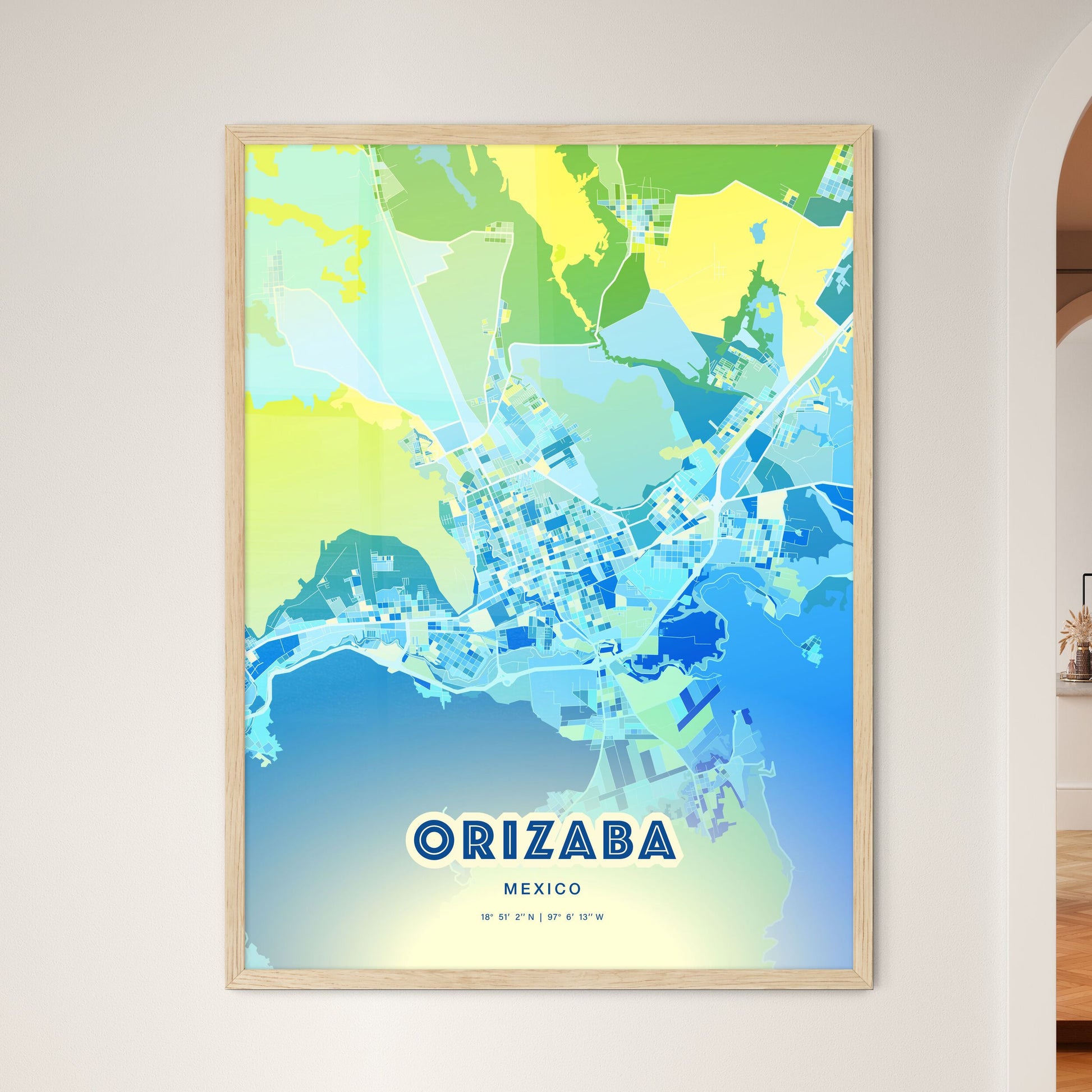 Colorful ORIZABA MEXICO Fine Art Map Cool Blue