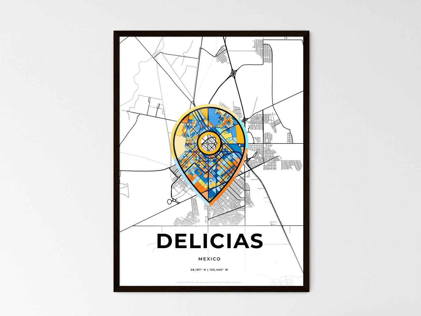 Delicias Mexico wedding art map with pointer icon