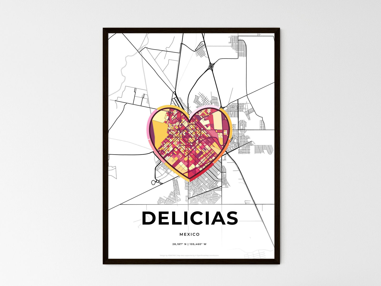 Delicias Mexico wedding art map with heart icon