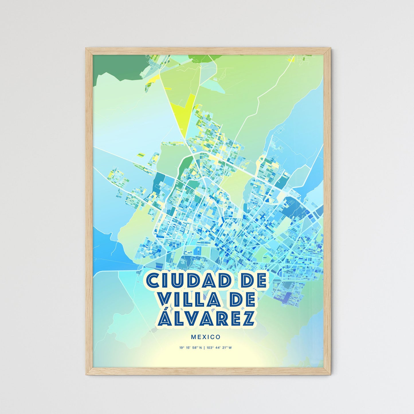 Colorful CIUDAD DE VILLA DE ÁLVAREZ MEXICO Fine Art Map Cool Blue