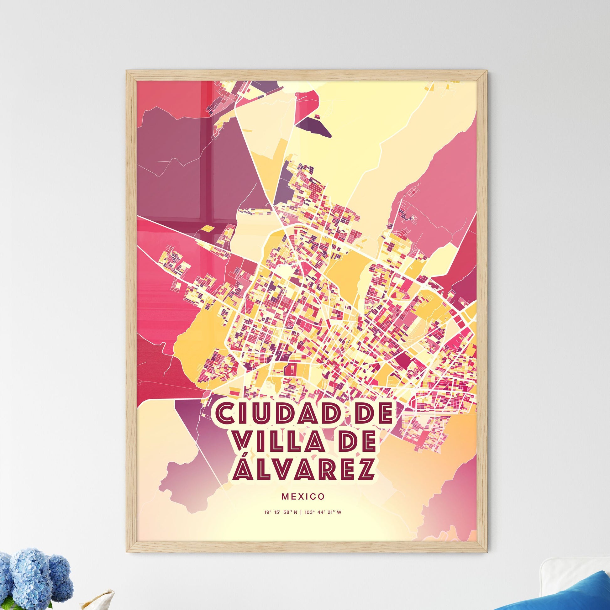 Colorful CIUDAD DE VILLA DE ÁLVAREZ MEXICO Fine Art Map Hot Red