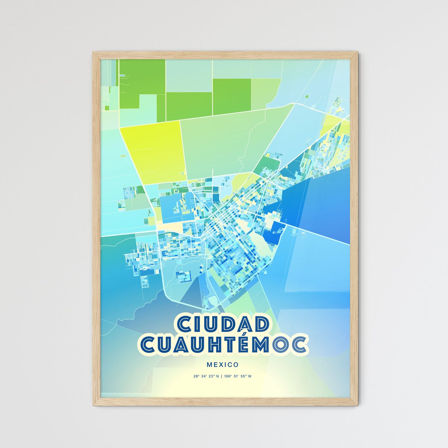 Colorful CIUDAD CUAUHTÉMOC MEXICO Fine Art Map Cool Blue