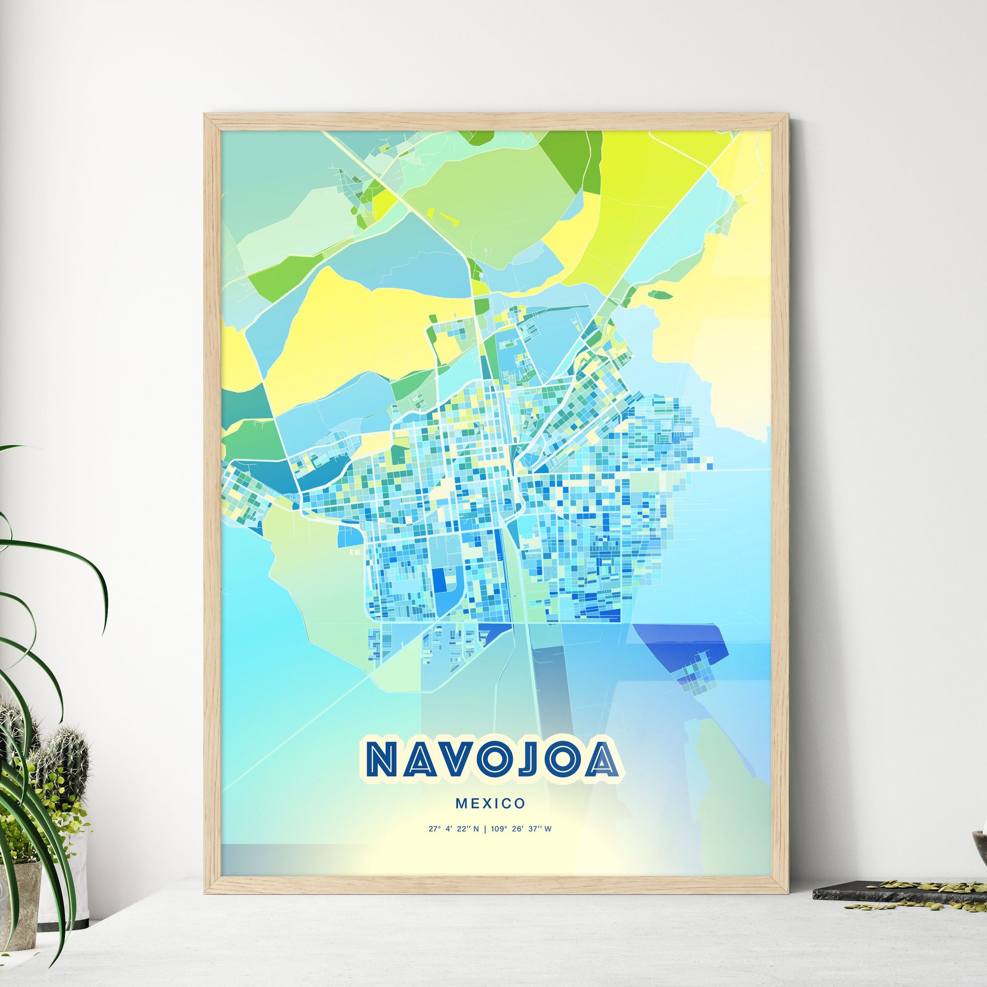 Colorful NAVOJOA MEXICO Fine Art Map Cool Blue