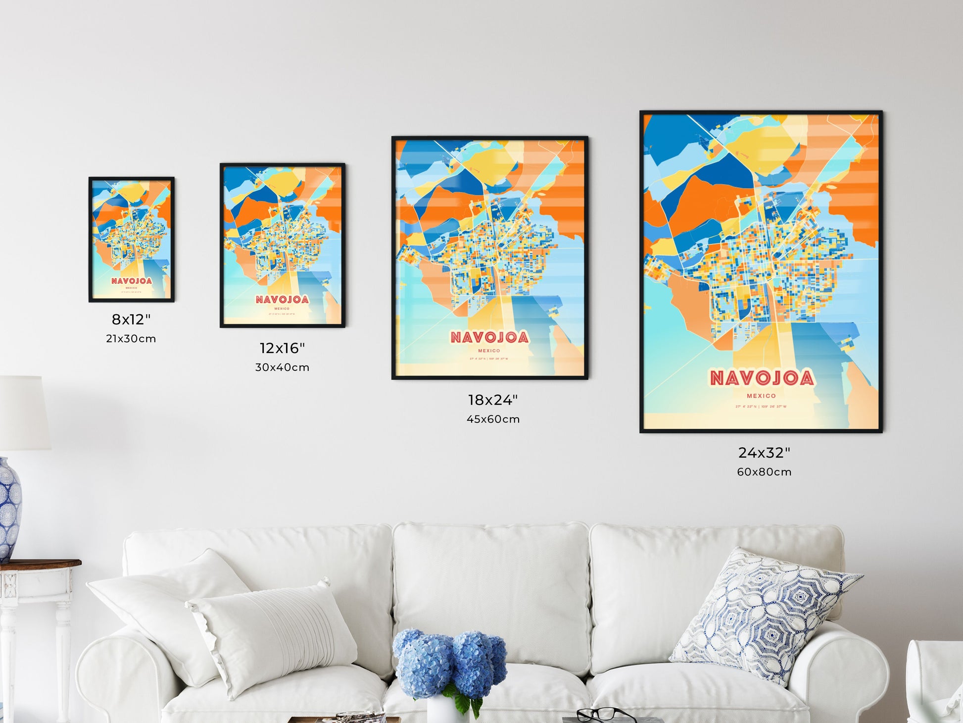 Colorful NAVOJOA MEXICO Fine Art Map Blue Orange