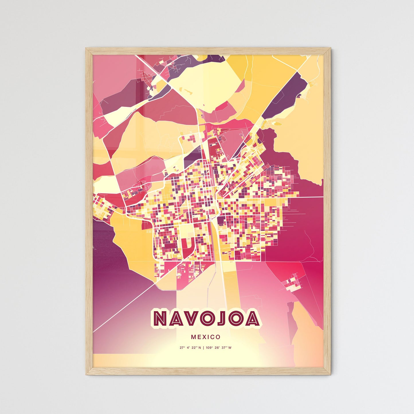 Colorful NAVOJOA MEXICO Fine Art Map Hot Red