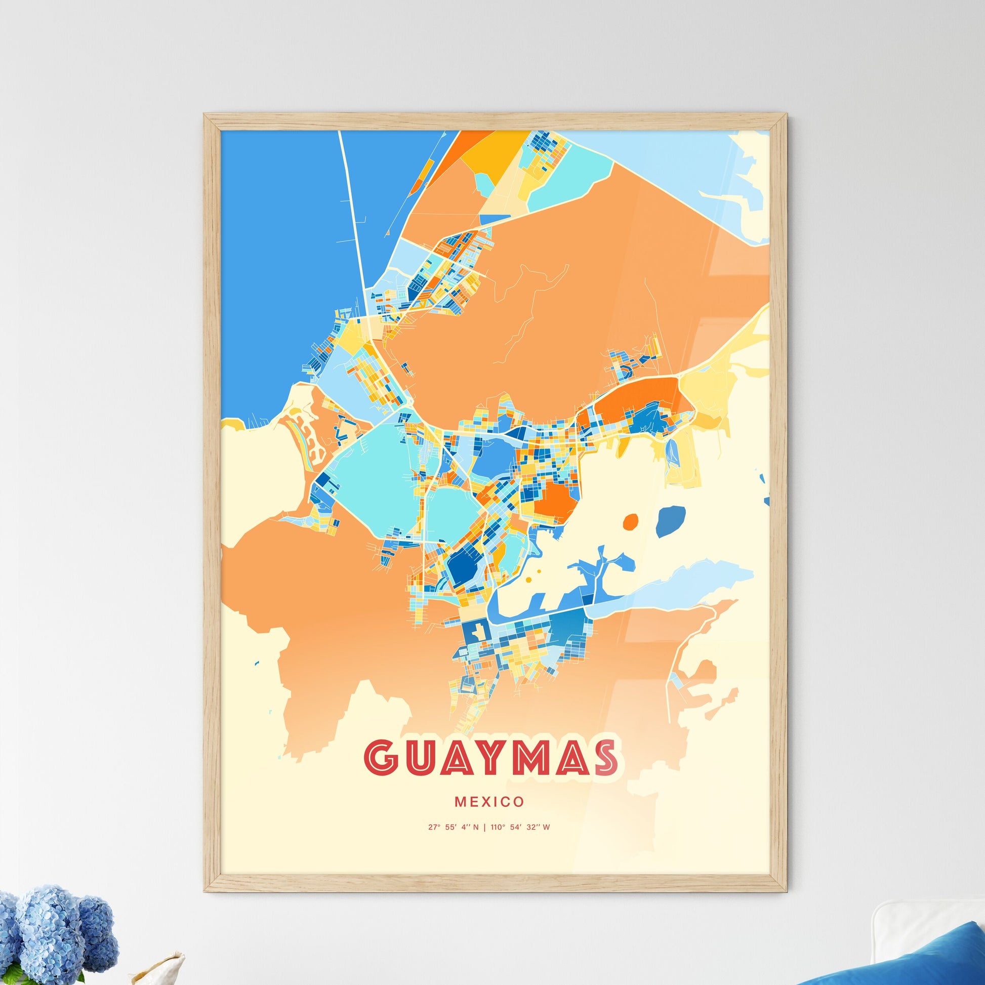 Colorful GUAYMAS MEXICO Fine Art Map Blue Orange