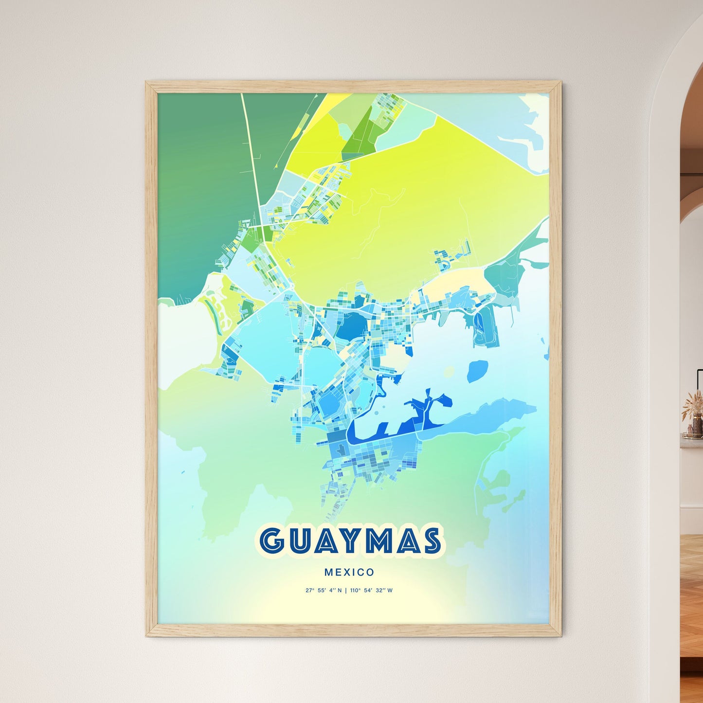 Colorful GUAYMAS MEXICO Fine Art Map Cool Blue