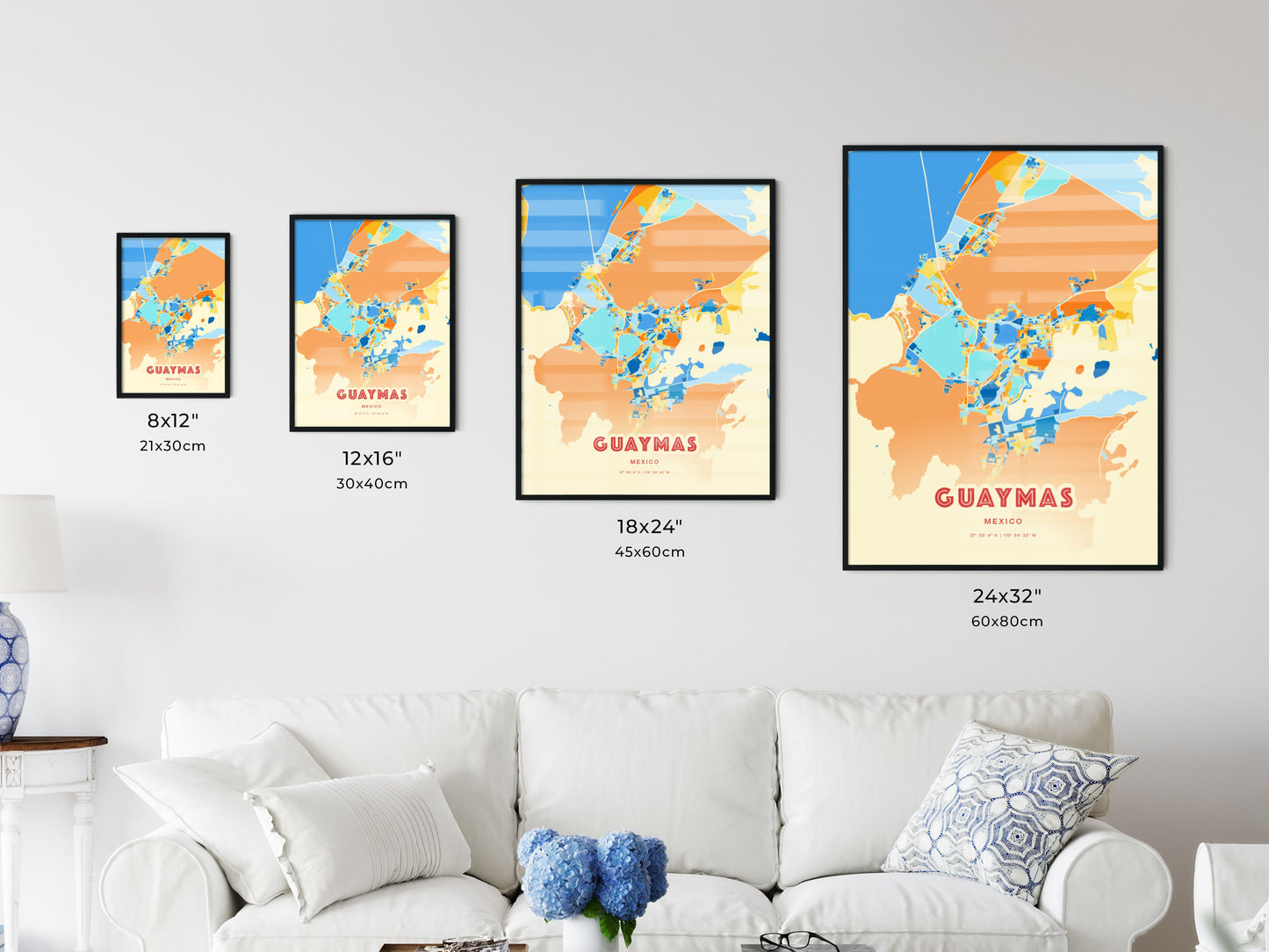 Colorful GUAYMAS MEXICO Fine Art Map Blue Orange