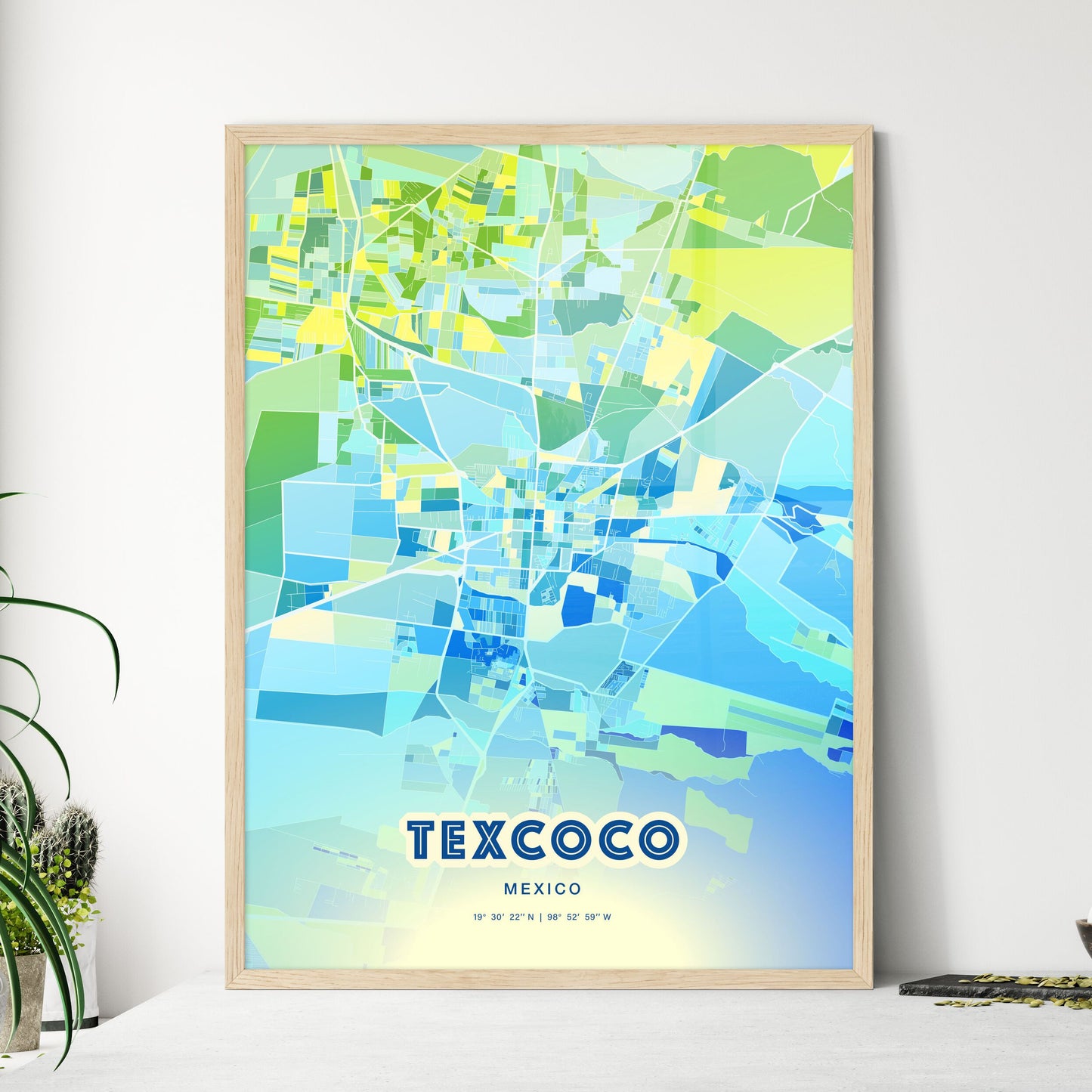 Colorful TEXCOCO MEXICO Fine Art Map Cool Blue