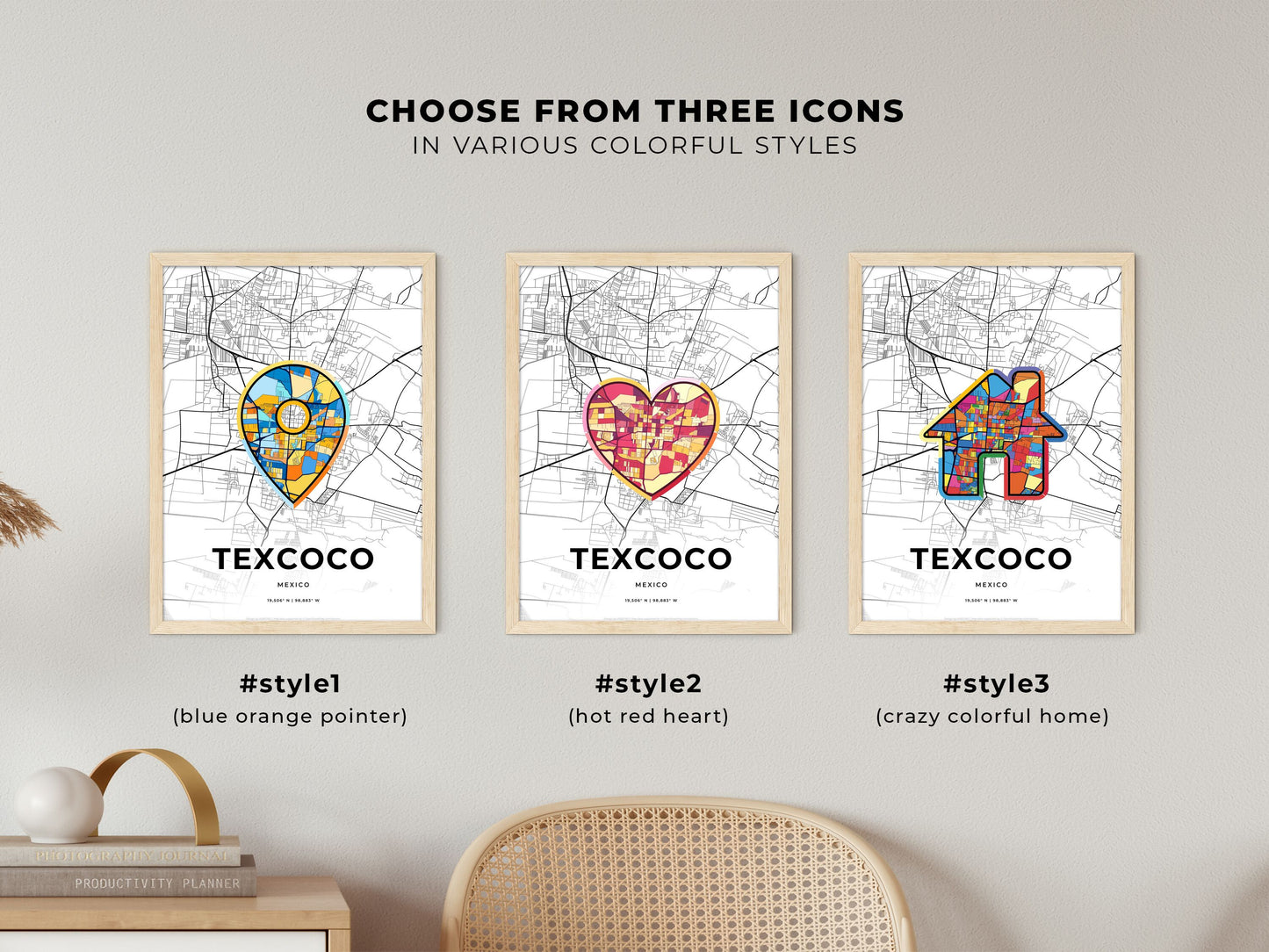 TEXCOCO MEXICO minimal art map with a colorful icon. Where it all began, Couple map gift.