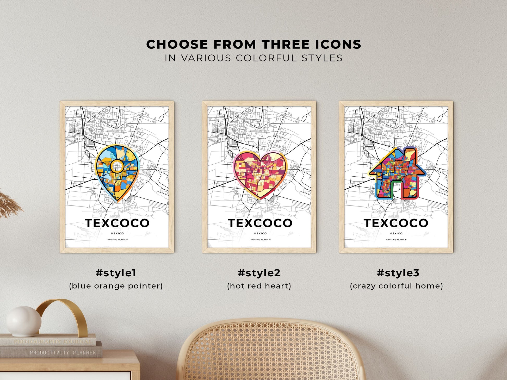 TEXCOCO MEXICO minimal art map with a colorful icon. Where it all began, Couple map gift.