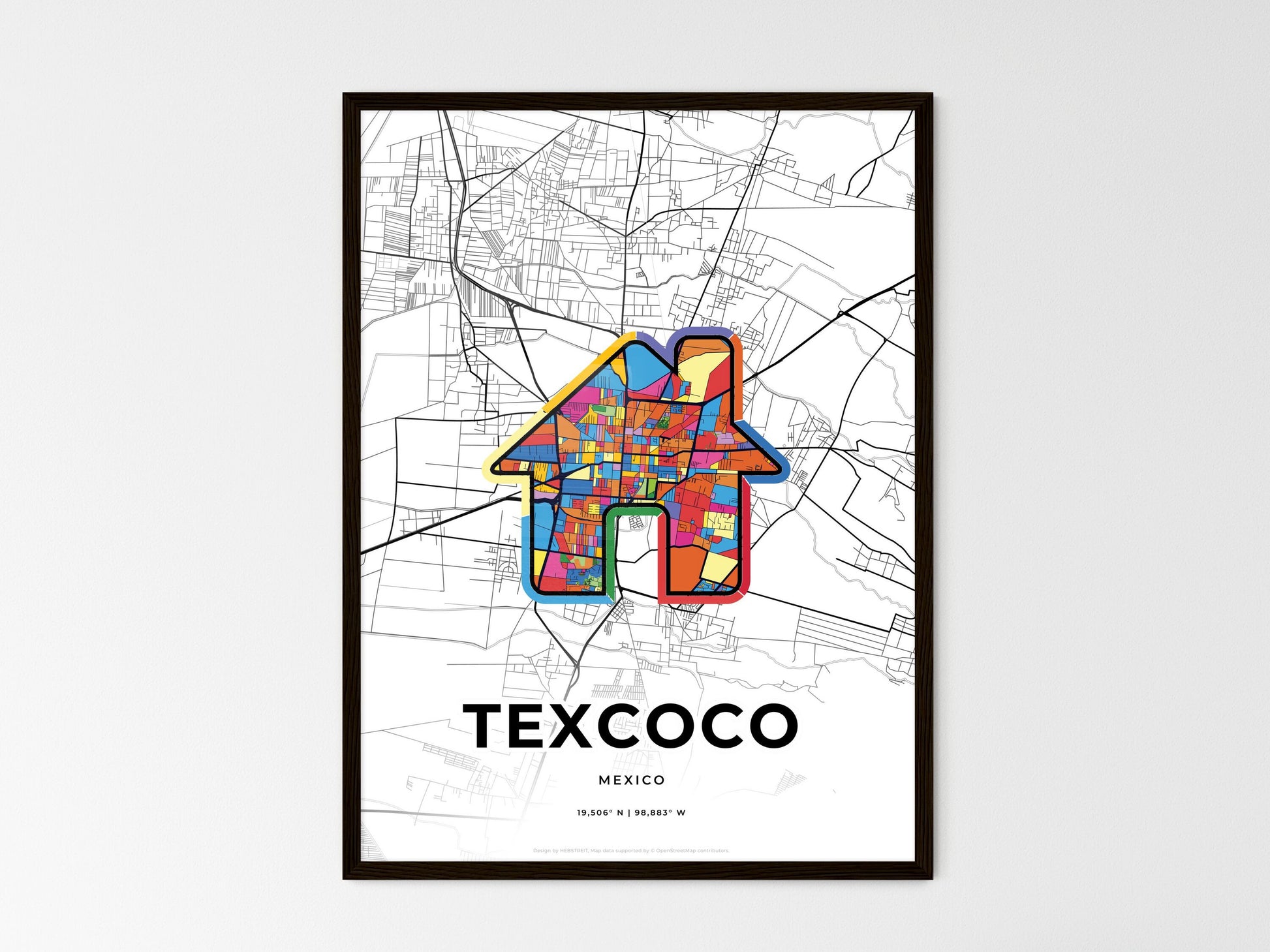 TEXCOCO MEXICO minimal art map with a colorful icon. Where it all began, Couple map gift. Style 3