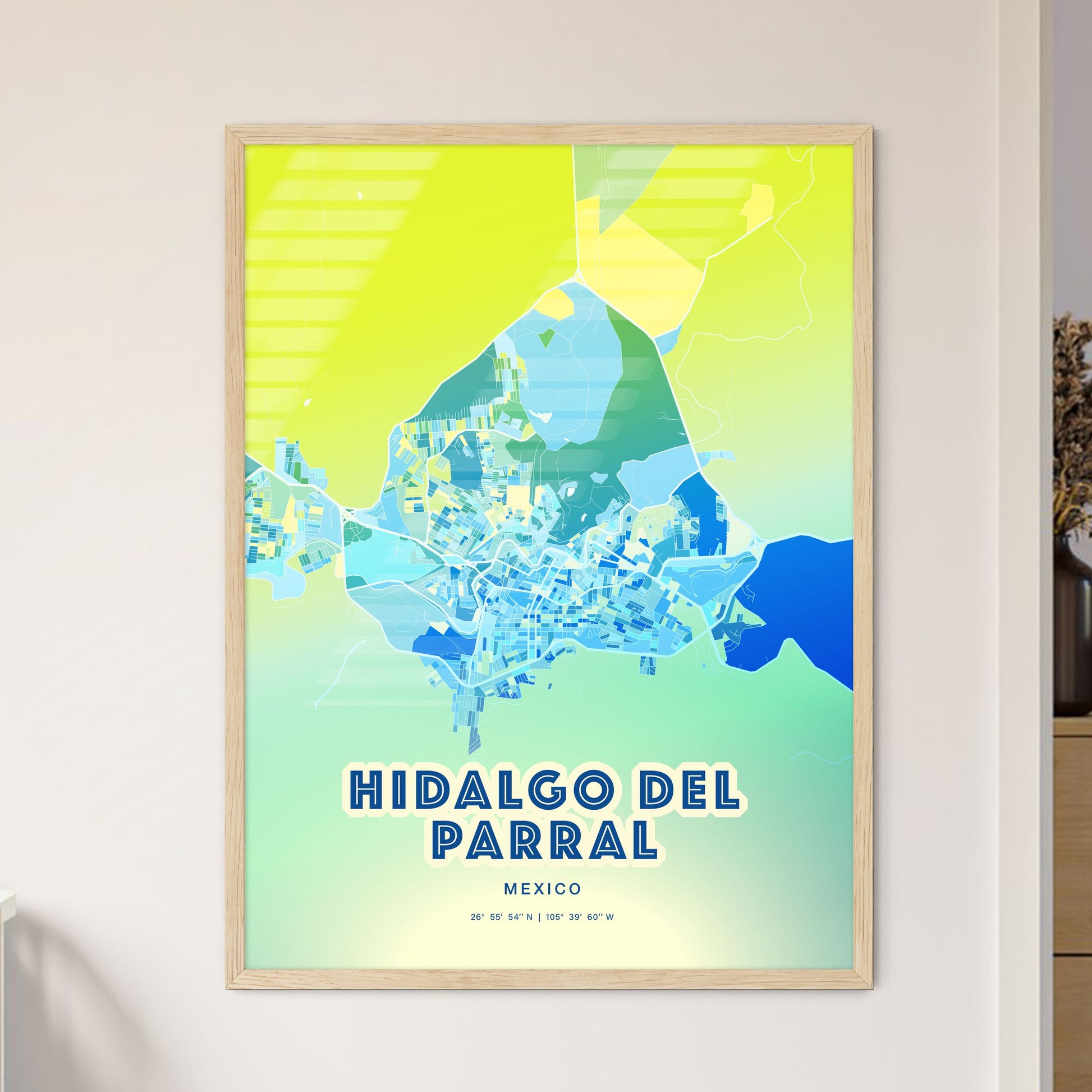 Colorful HIDALGO DEL PARRAL MEXICO Fine Art Map Cool Blue