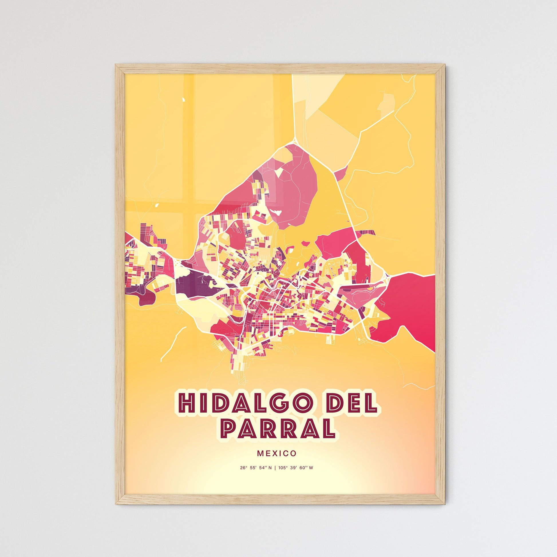 Colorful HIDALGO DEL PARRAL MEXICO Fine Art Map Hot Red