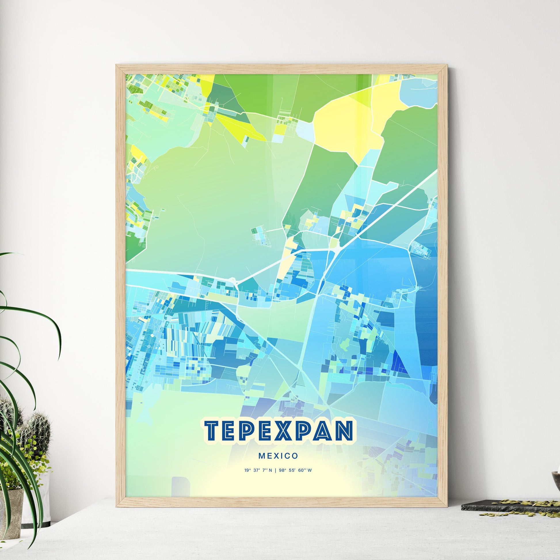 Colorful TEPEXPAN MEXICO Fine Art Map Cool Blue