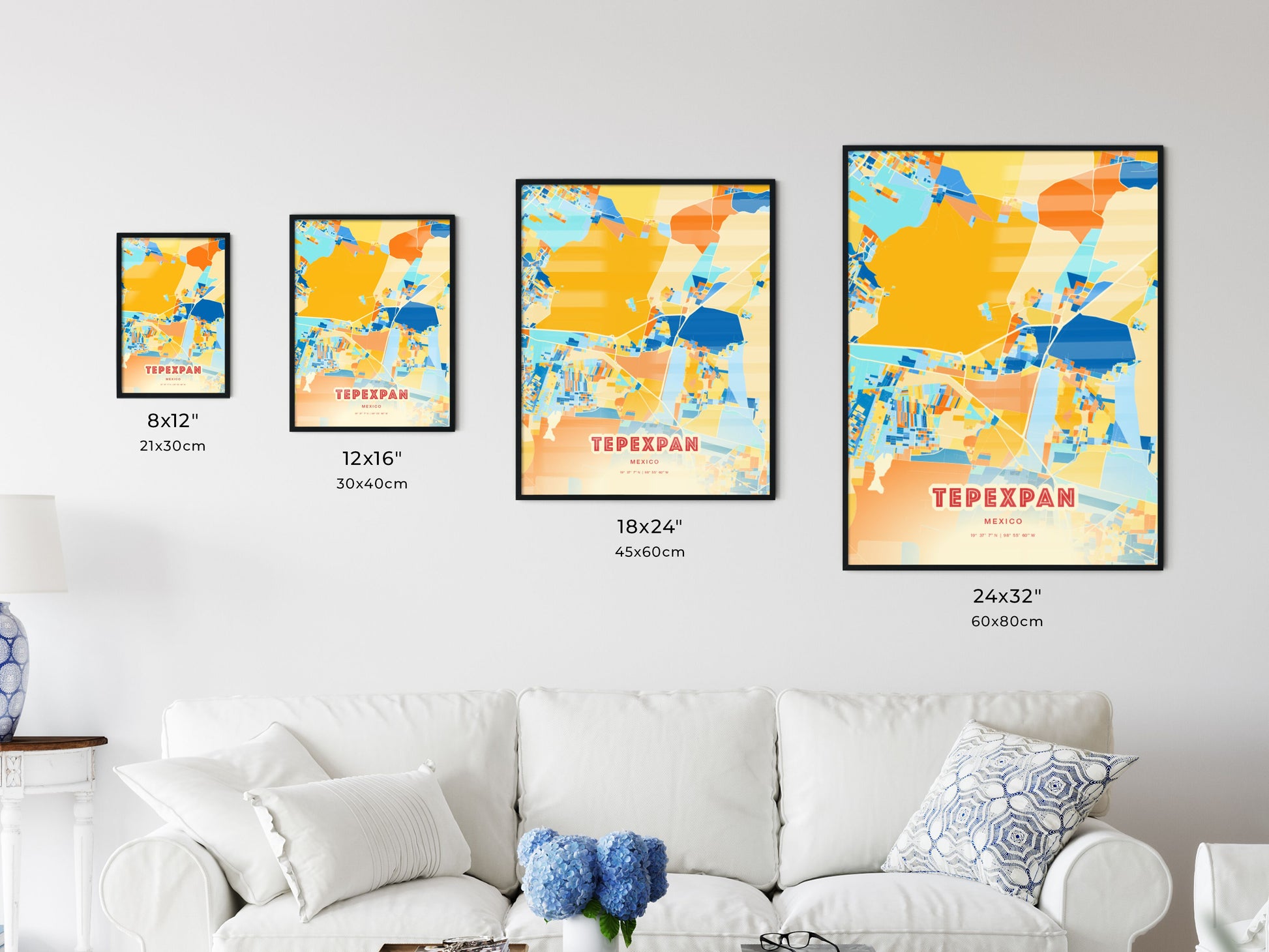 Colorful TEPEXPAN MEXICO Fine Art Map Blue Orange